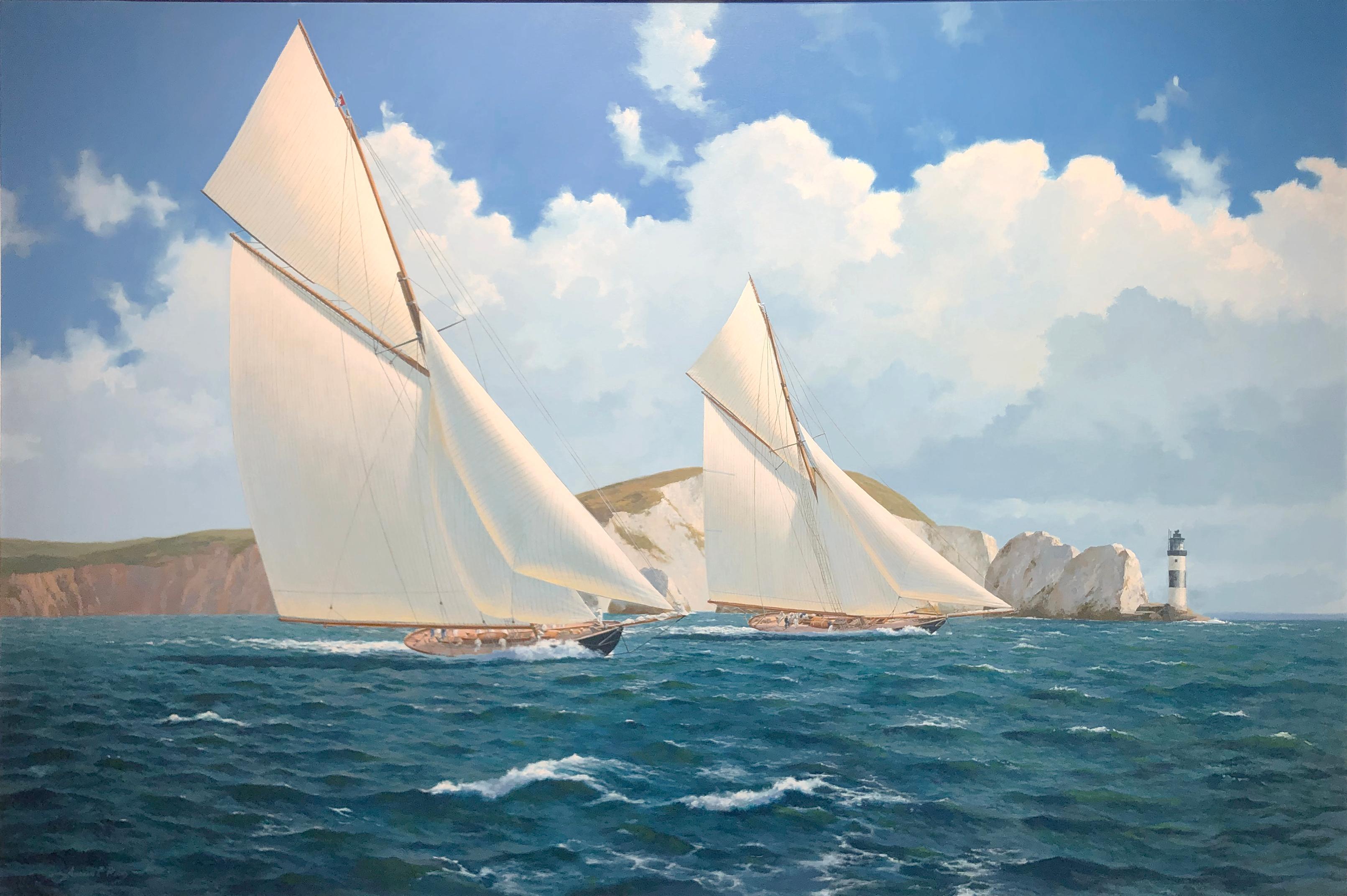 Yachts Navajoe and Britannia both were constructed at the end of the 1800s, commissioned by UK royalty. This painting depicts a neck-and-neck race between the two giants off the coast of Dover, England. Sailors in their white and blue uniforms can