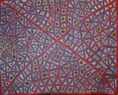 Adrian Young, abstract red, blue and white Australian Aboriginal Art painting