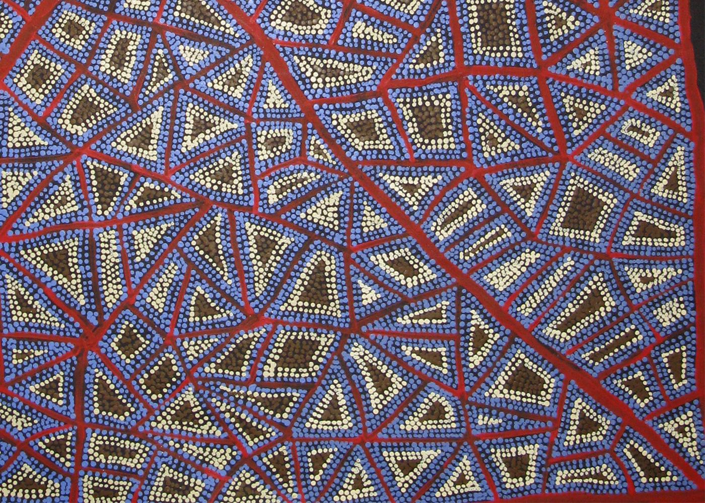 Adrian Young, abstract red, blue and white Australian Aboriginal Art painting For Sale 1