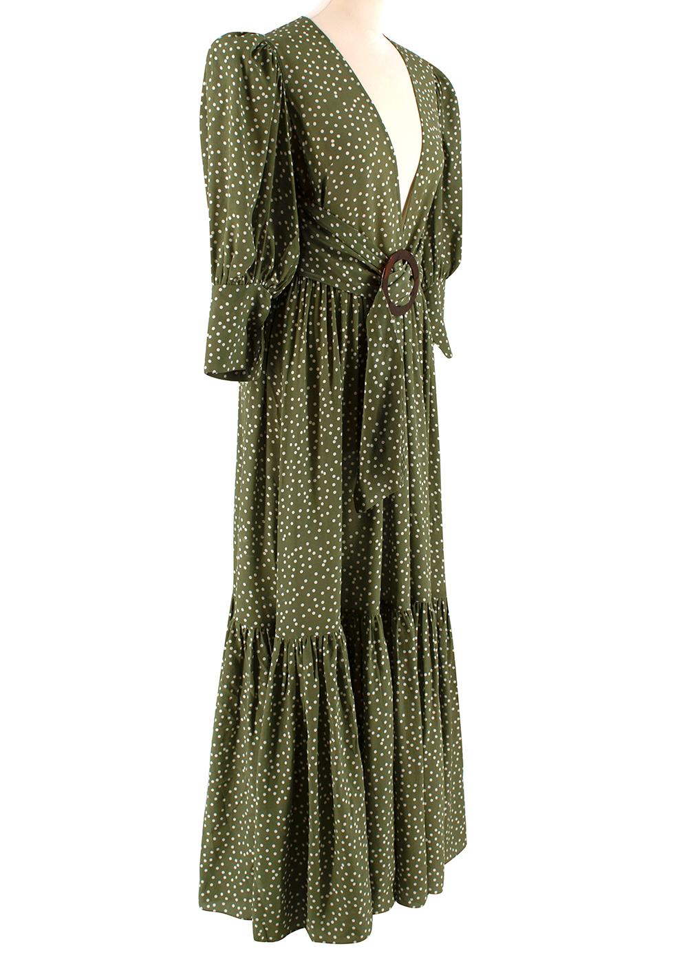 Adriana Degreas Green Polka Dot Silk Mille Punti Maxi Dress

- Soft, lightweight silk crepe material
- Gorgeous green hue
- Stunning polka dot pattern throughout
- V-neck 
- Blouson sleeve detailing
- Brown silhouette-defining belt
- Concealed