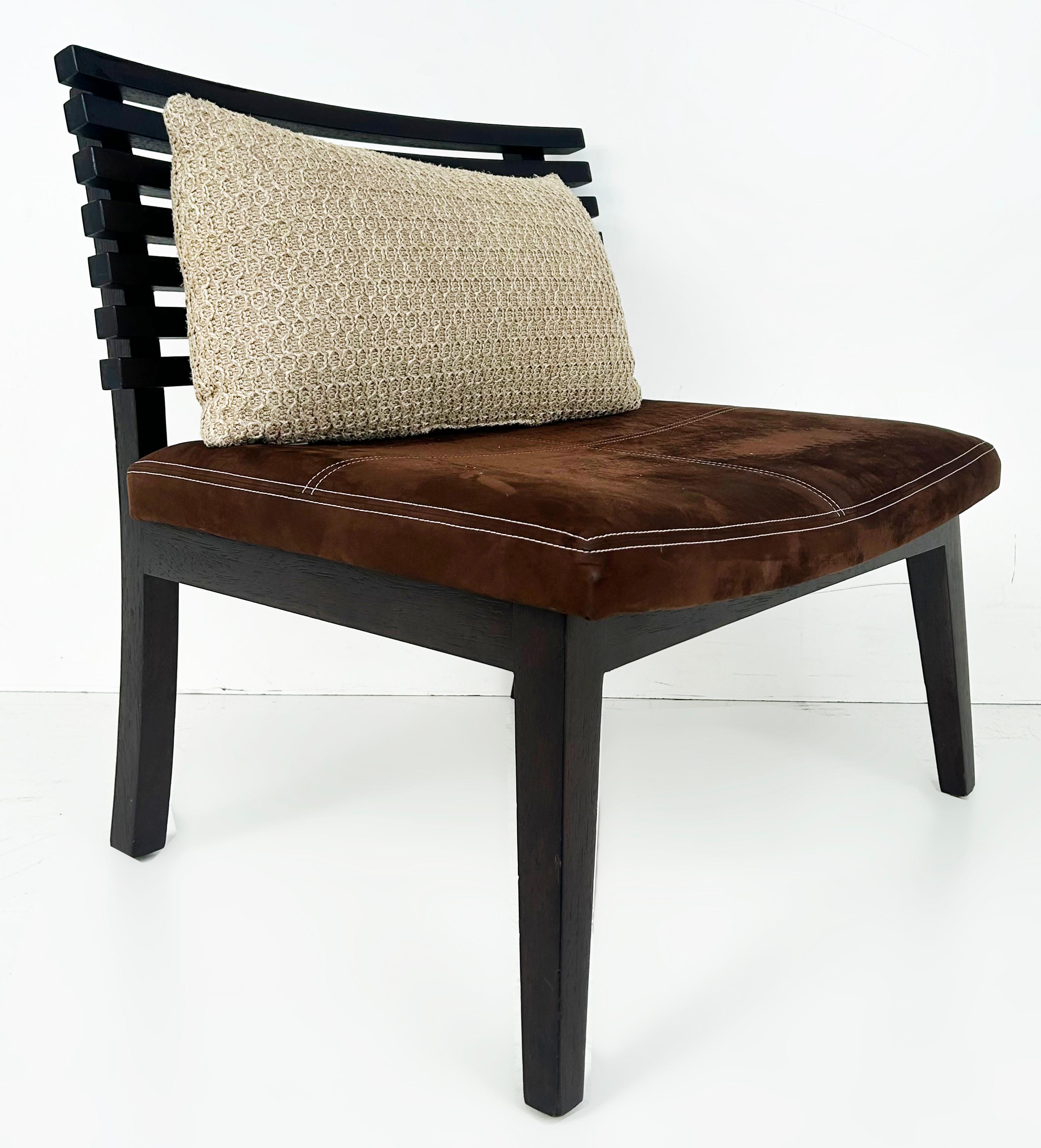Adriana Hoyos Suede Slatted Wood  Slipper Chairs with Suede Seat Cushions, Pair For Sale 4