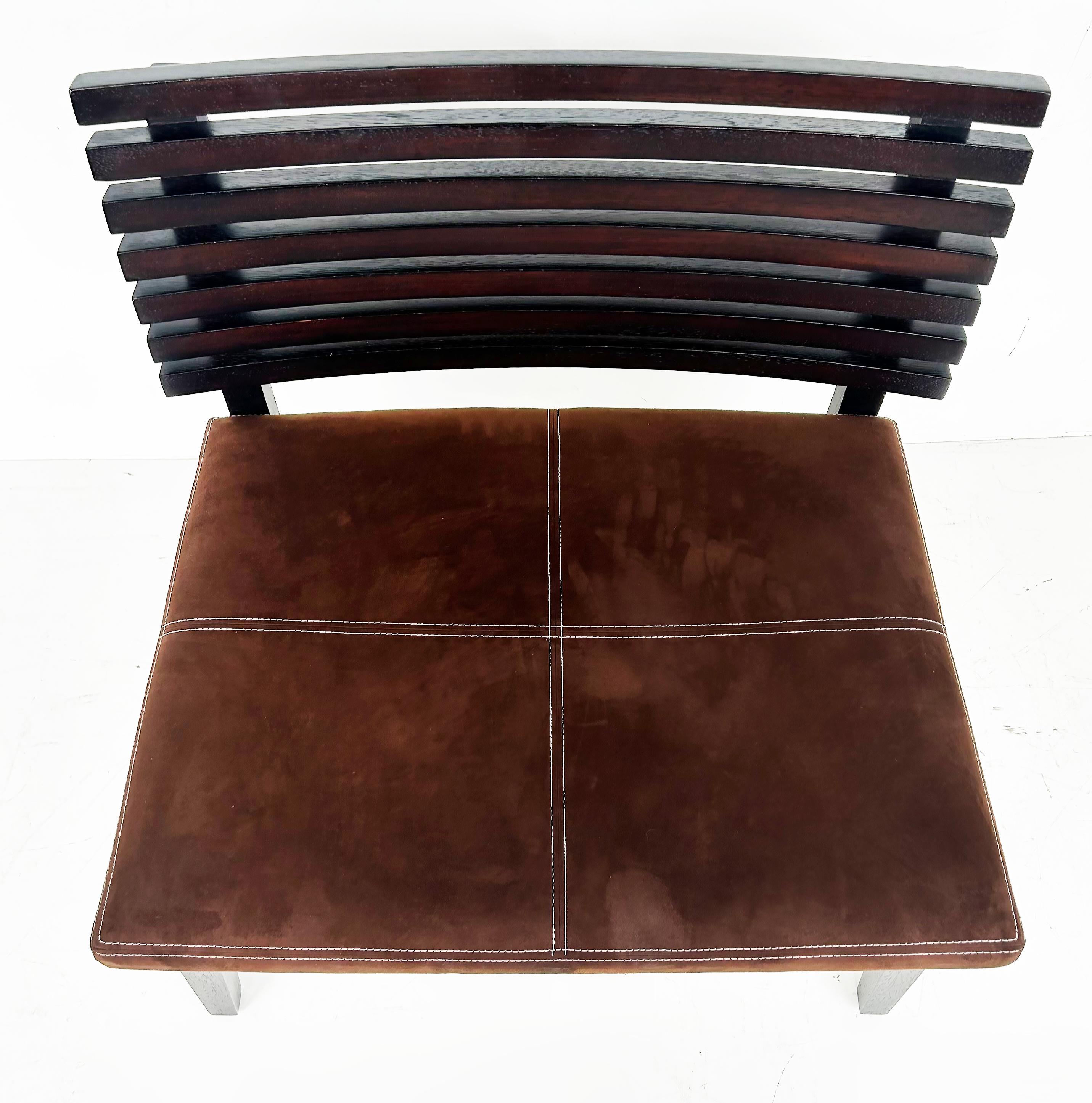 Adriana Hoyos Suede Slatted Wood  Slipper Chairs with Suede Seat Cushions, Pair For Sale 5