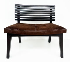 Adriana Hoyos Suede Slatted Wood  Slipper Chairs with Suede Seat Cushions, Pair