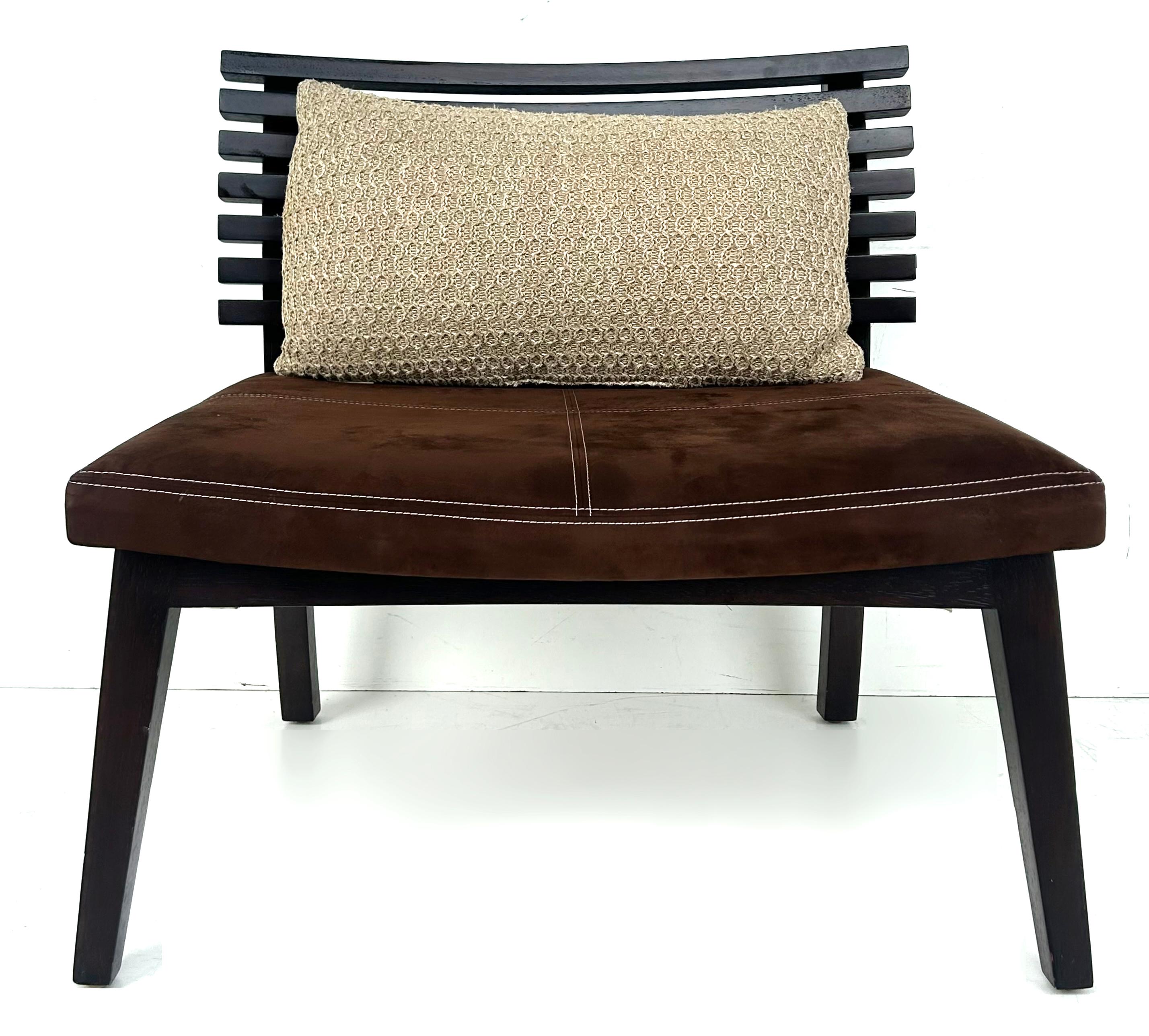 American Adriana Hoyos Suede Slatted Wood  Slipper Chairs with Suede Seat Cushions, Pair For Sale