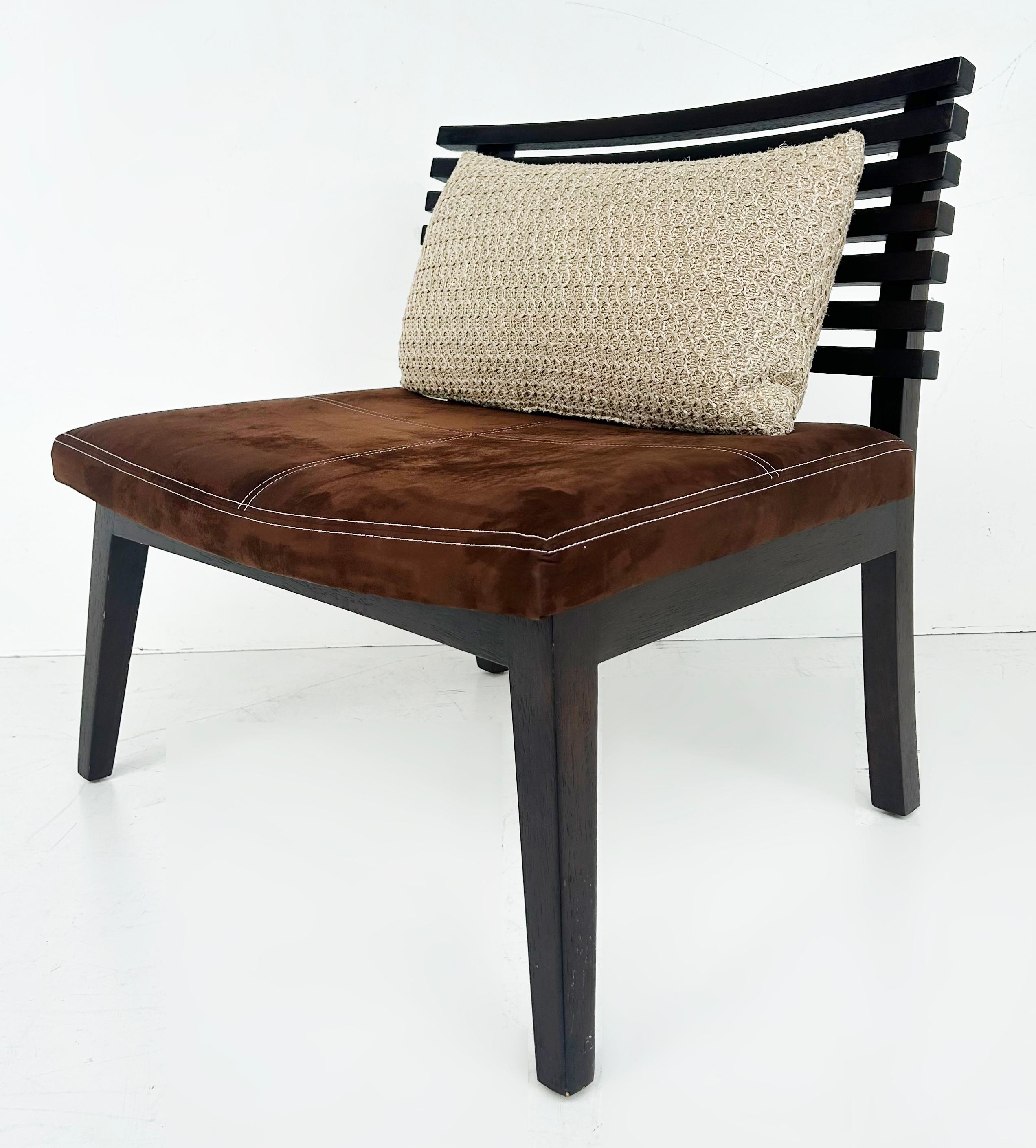 Ebonized Adriana Hoyos Suede Slatted Wood  Slipper Chairs with Suede Seat Cushions, Pair For Sale