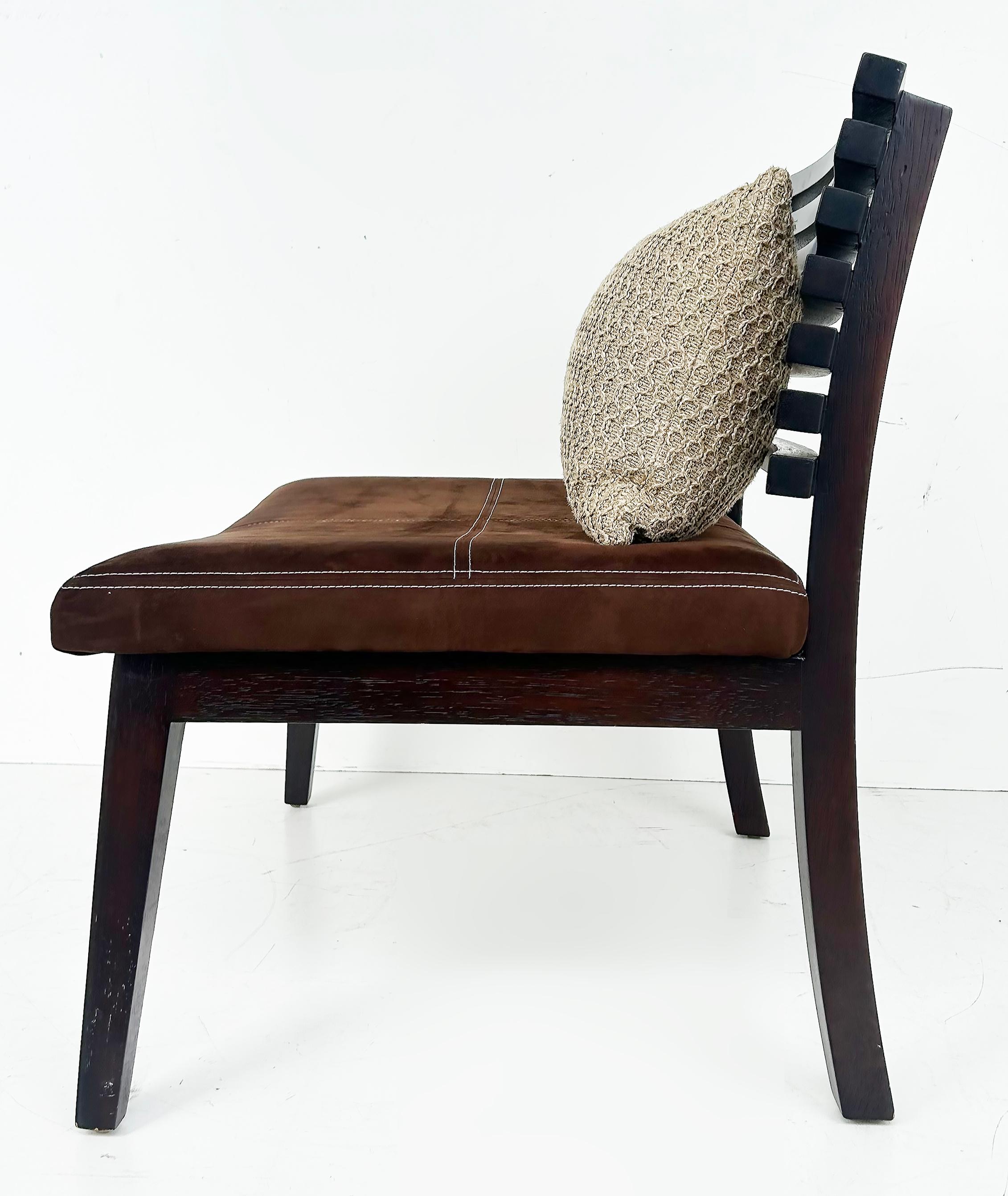 Adriana Hoyos Suede Slatted Wood  Slipper Chairs with Suede Seat Cushions, Pair In Good Condition For Sale In Miami, FL