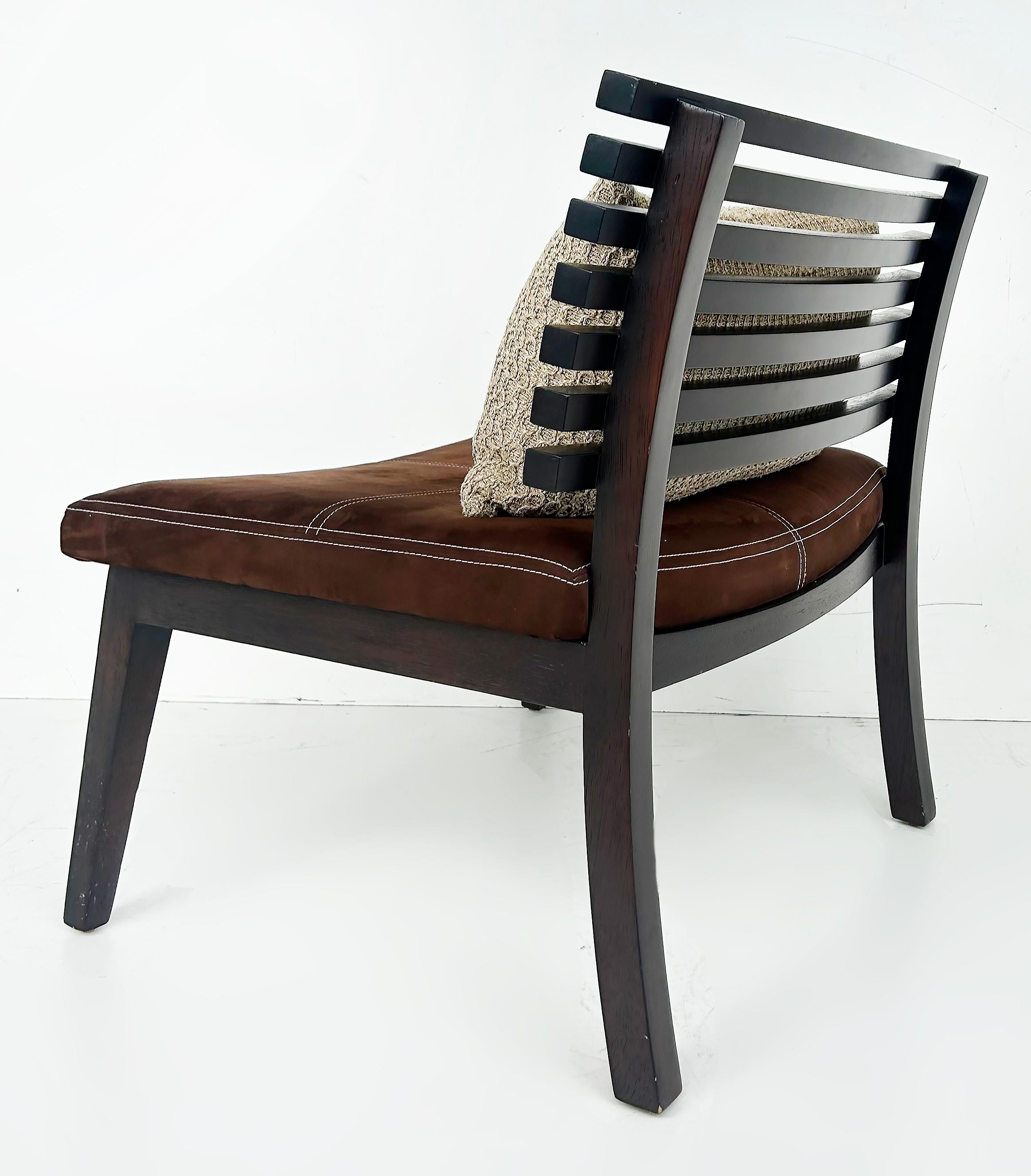 Contemporary Adriana Hoyos Suede Slatted Wood  Slipper Chairs with Suede Seat Cushions, Pair For Sale