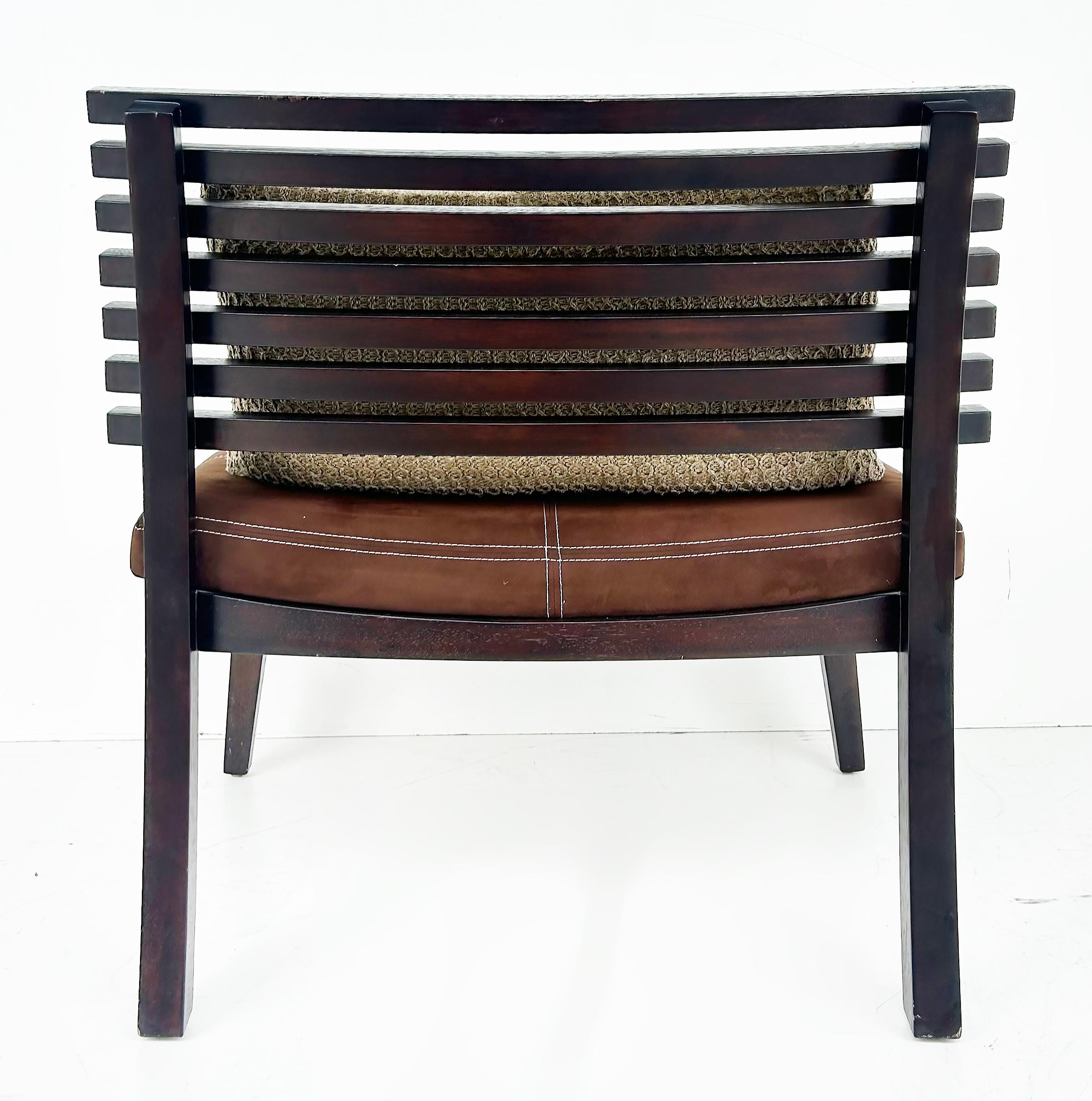 Adriana Hoyos Suede Slatted Wood  Slipper Chairs with Suede Seat Cushions, Pair For Sale 1