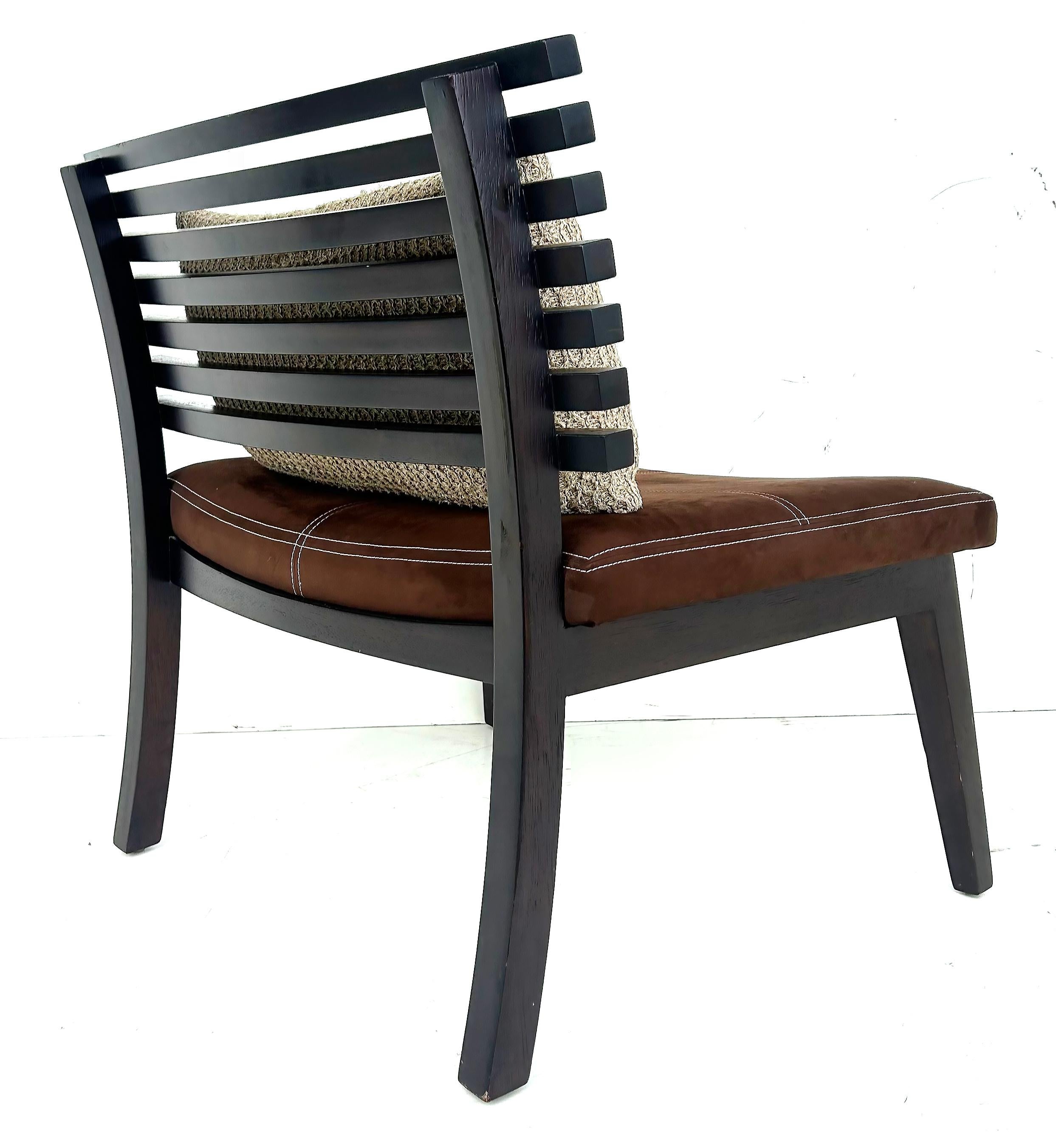 Adriana Hoyos Suede Slatted Wood  Slipper Chairs with Suede Seat Cushions, Pair For Sale 2