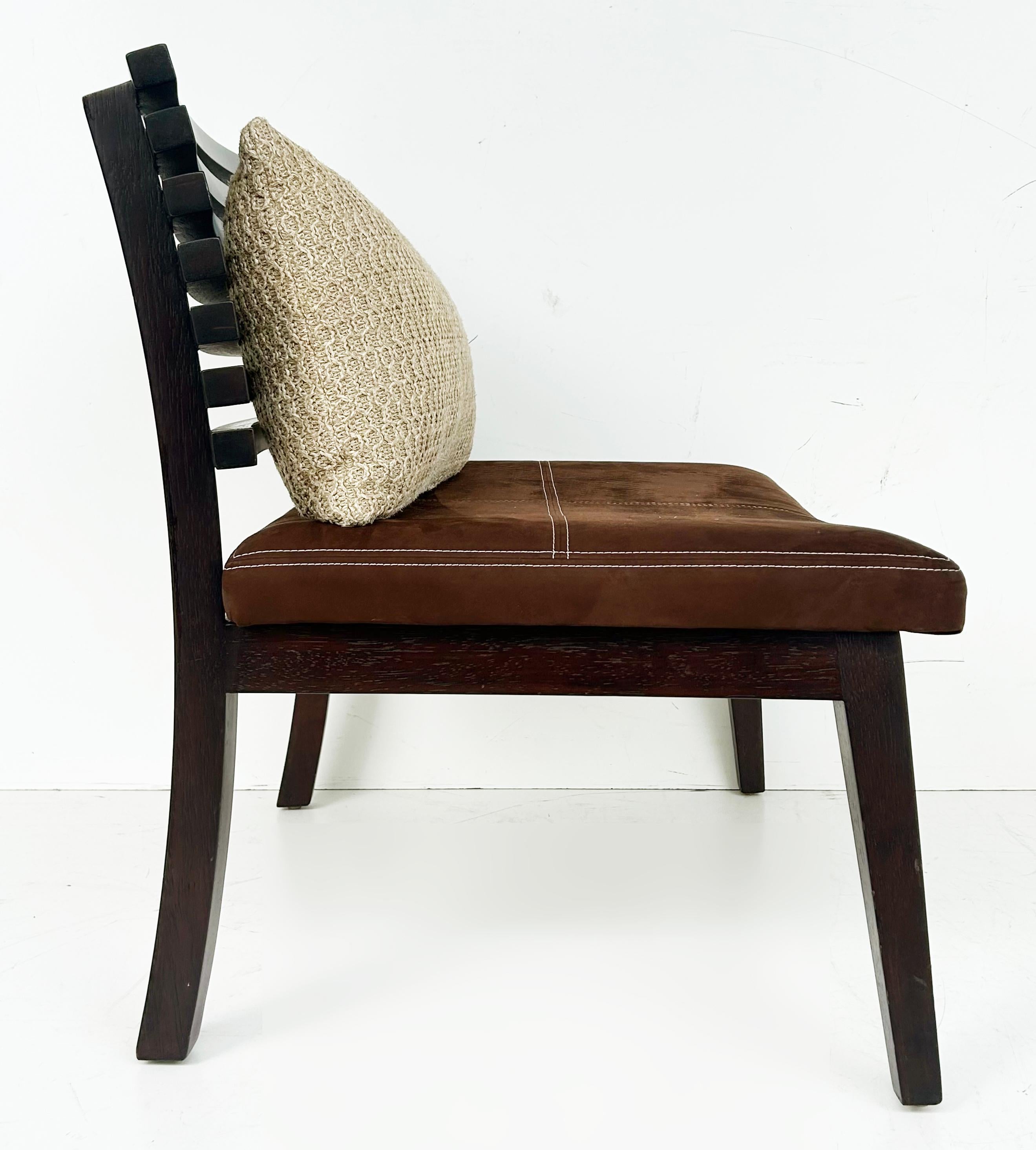 Adriana Hoyos Suede Slatted Wood  Slipper Chairs with Suede Seat Cushions, Pair For Sale 3