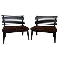 Adriana Hoyos Suede Slatted Wood  Slipper Chairs with Suede Seat Cushions, Pair