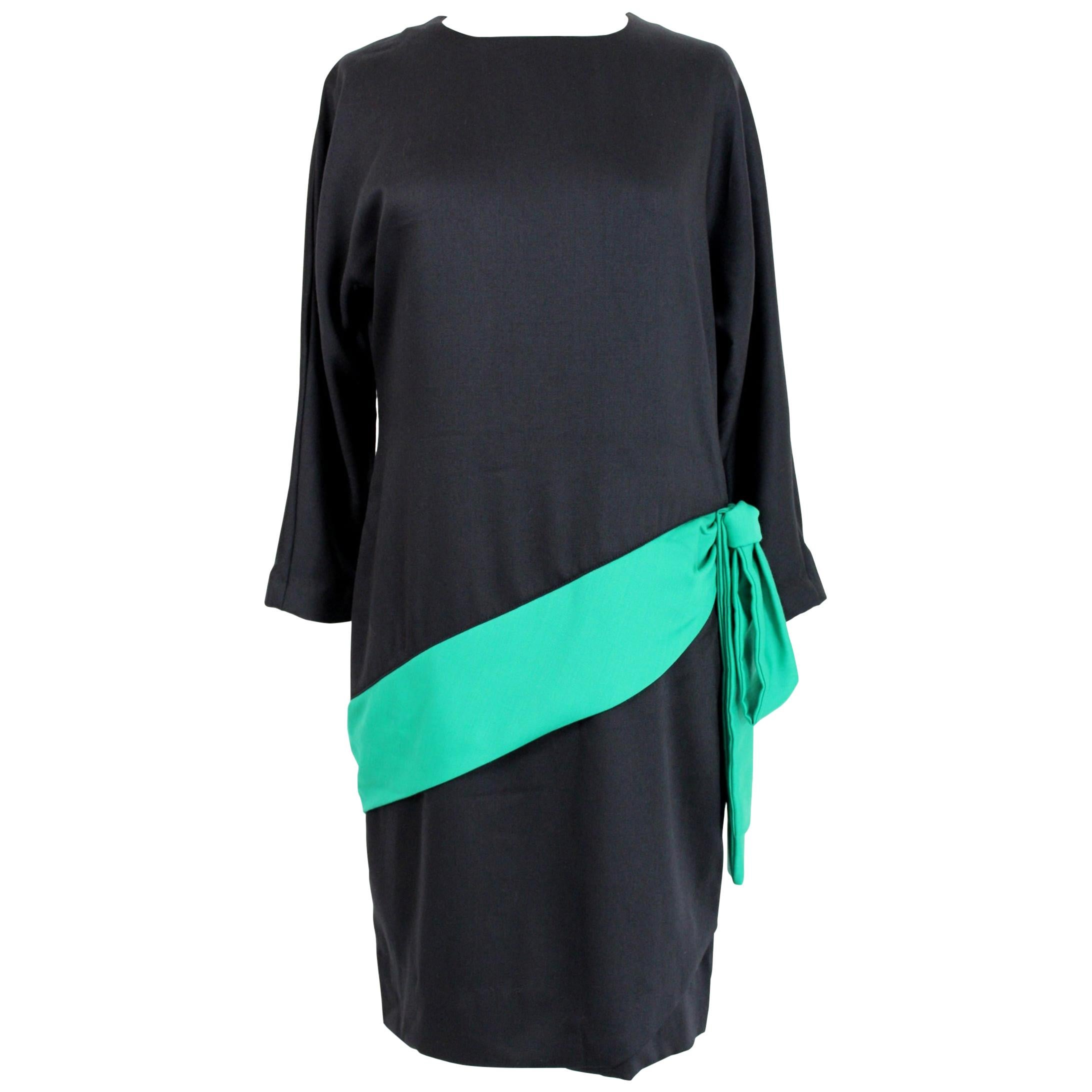 Adriana Kastern Black Green Wool Bow Evening Cocktail Dress 1980s For Sale