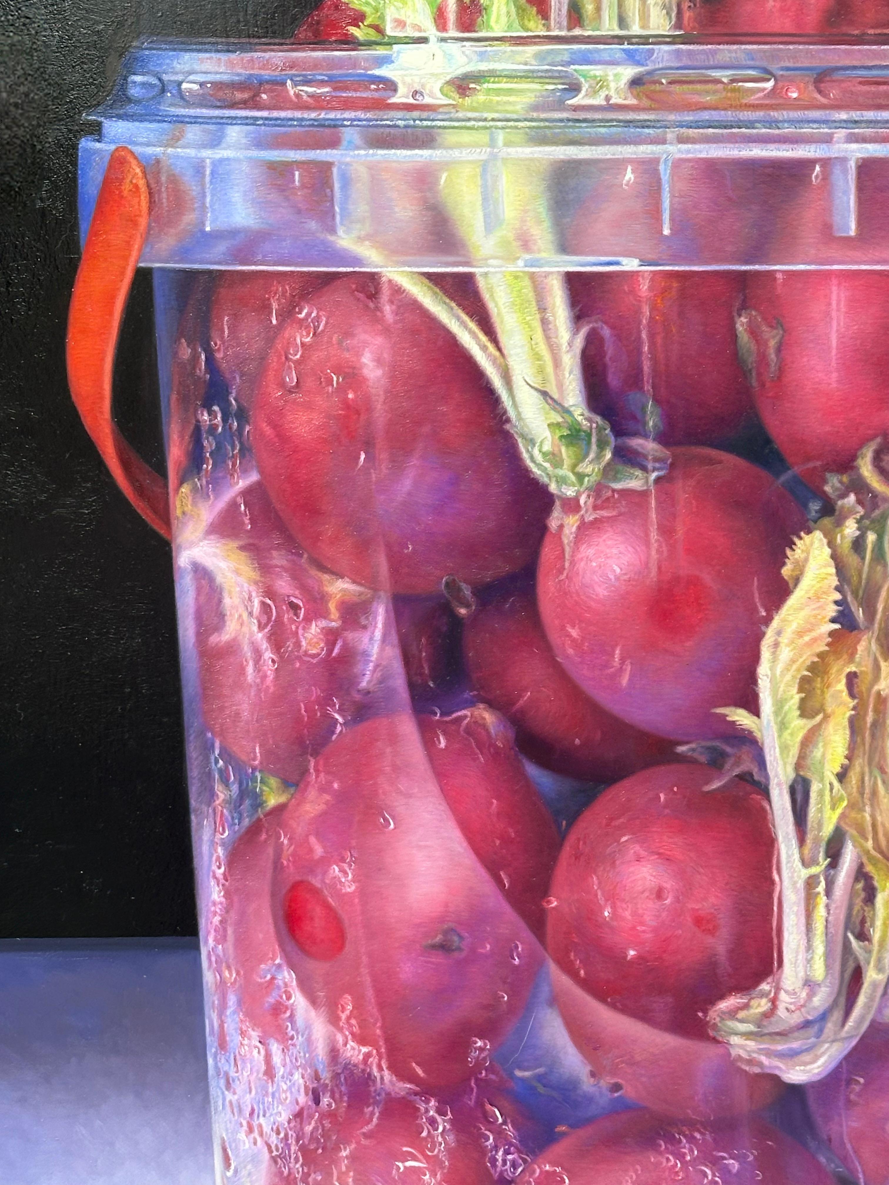 Overdue- 21st Century  Contemporary Painting of radish in plastic bucket For Sale 2