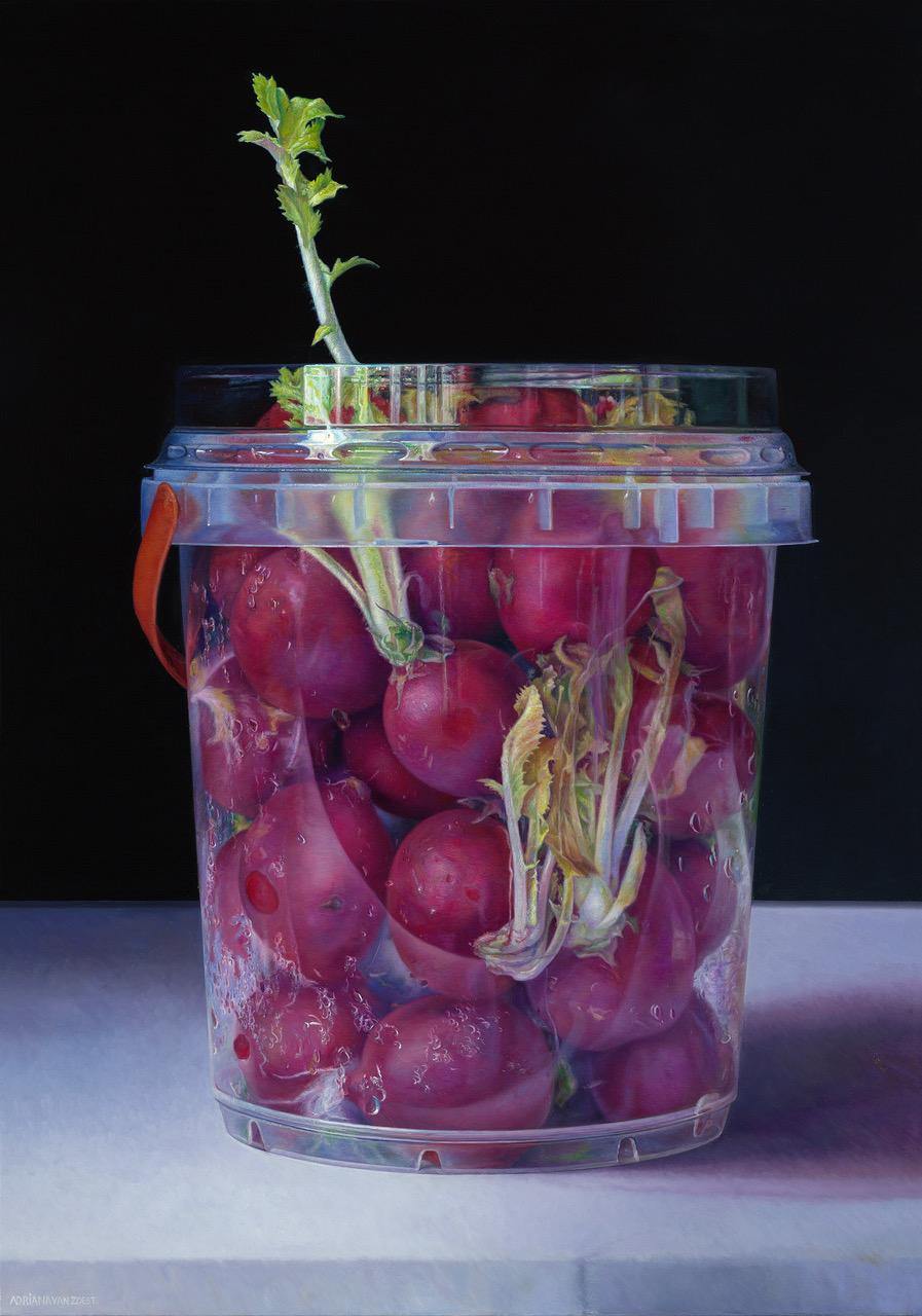 Adriana van Zoest Figurative Painting - Overdue- 21st Century  Contemporary Painting of radish in plastic bucket