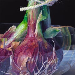 Cebolla roja en cuenco de cristal - Siglo XXI  Pintura contemporánea de bodegones