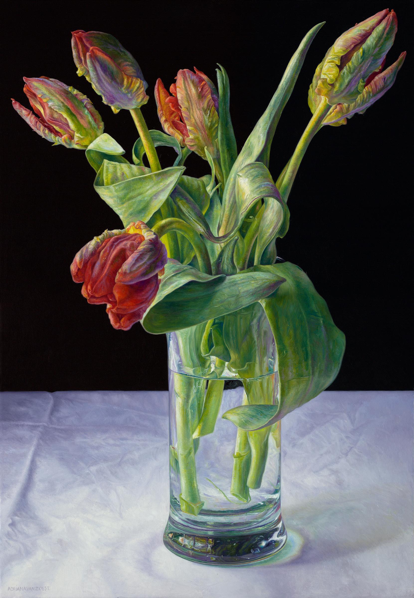 Adriana van Zoest Still-Life Painting - Red Parrot Tulips- 21st Century Contemporary Dutch Still-life of Flowers