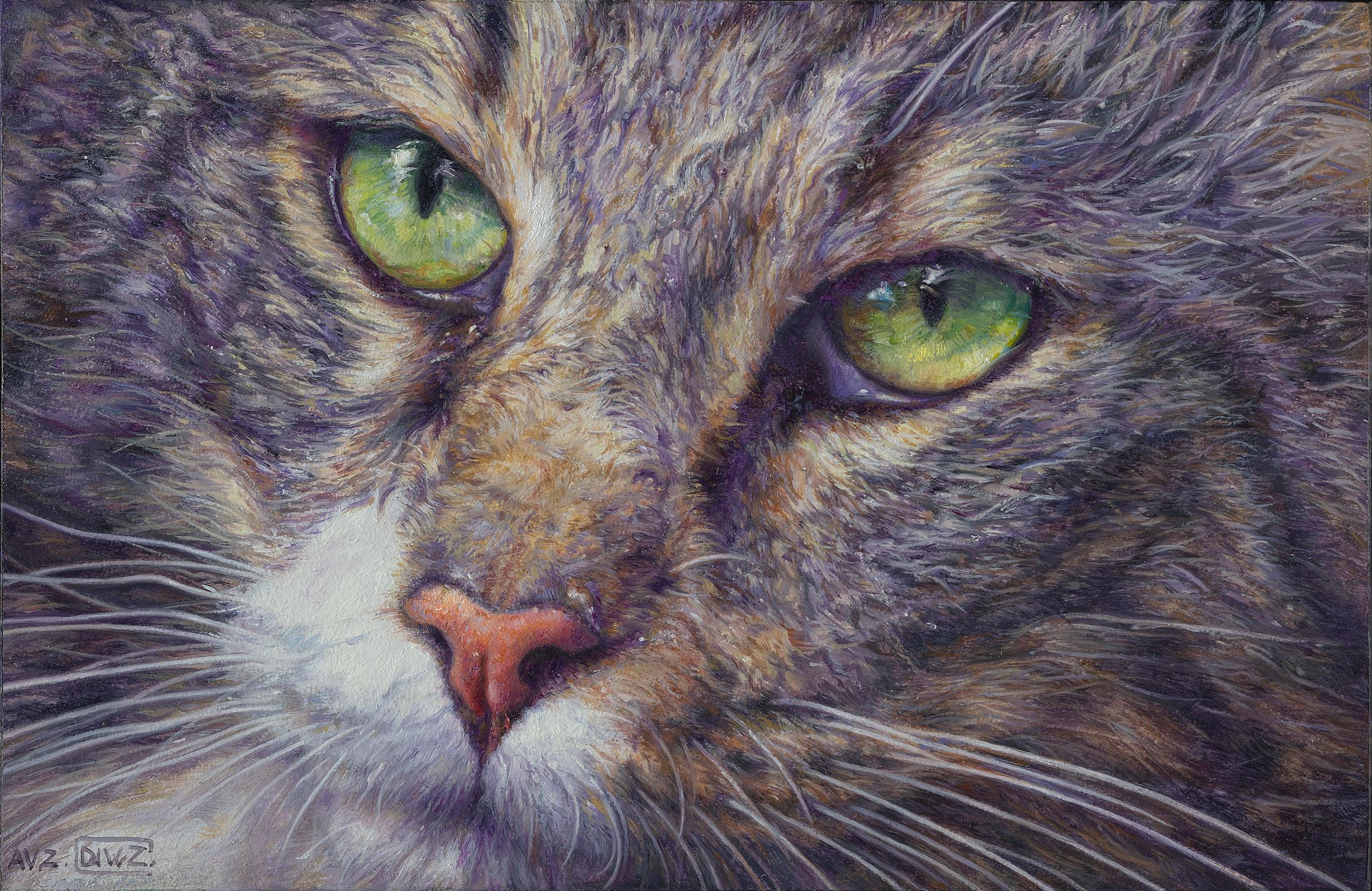 Adriana van Zoest Animal Painting – The Neighbourhood Cat- Zeitgenössisches Tierporträtgemälde des 21. Jahrhunderts 