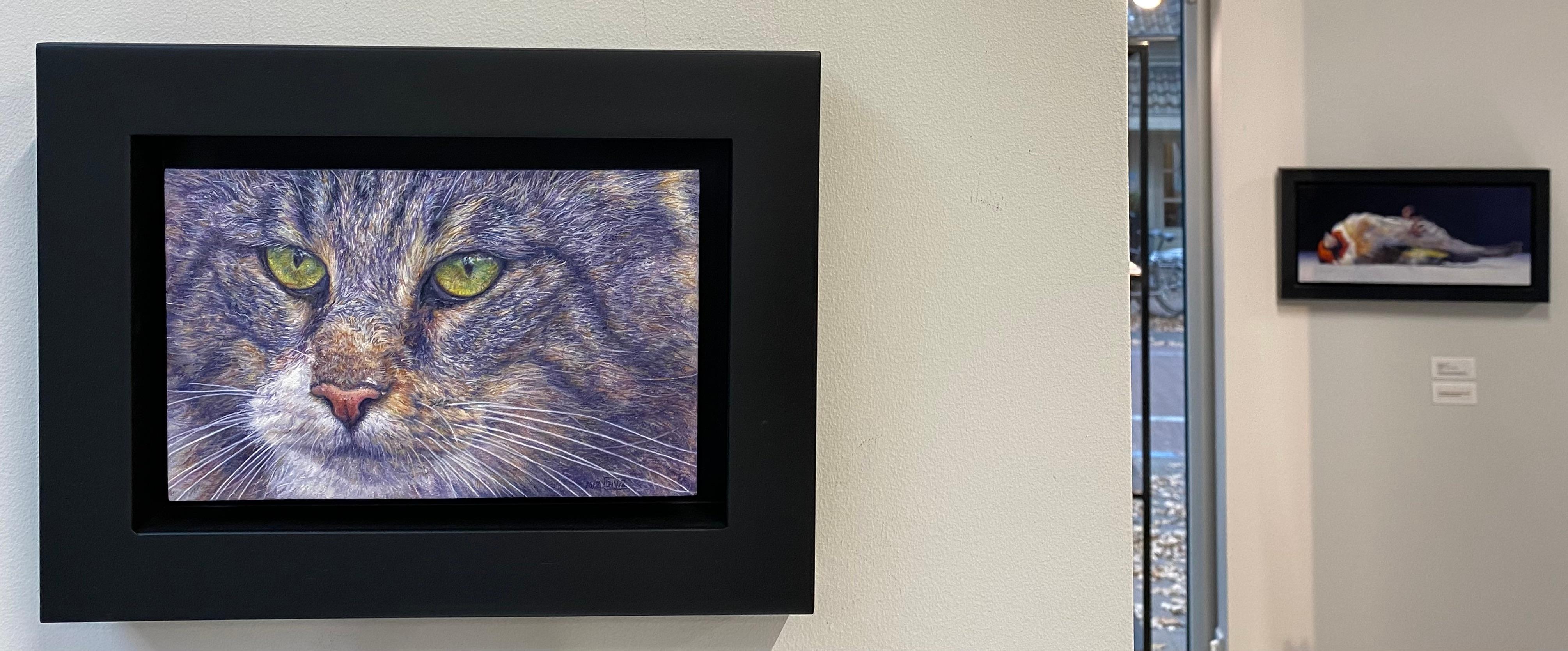 The Neighbourhood Cat II- 21st Century Contemporary  Animal Portraitpainting  - Gray Animal Painting by Adriana van Zoest