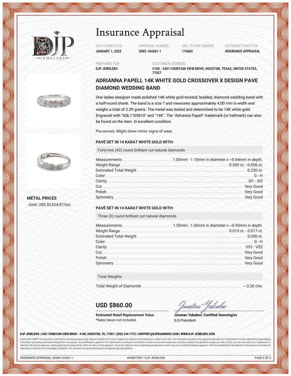 Adrianna Papell Alianza de boda de oro blanco de 14 quilates con diamantes pavé y diseño cruzado en X 3