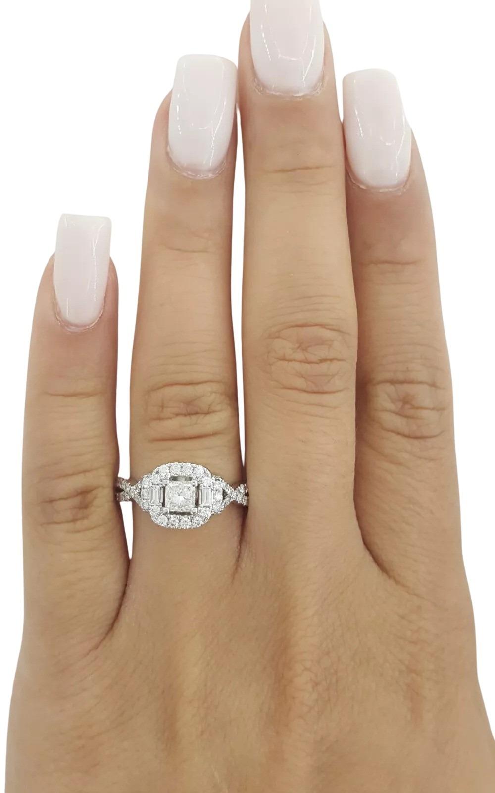 Contemporary Adrianna Papell Princess Halo Crossover 1 ct 14K White Gold Engagement Ring For Sale