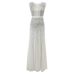Adrianna Papell Weißes perlenbesetztes und paillettenbesetztes Maxikleid für Damen