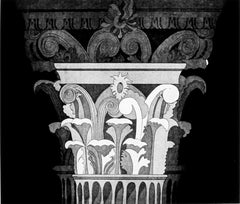 "Corinthian Capital 1", black, white and gray classical architectural print.
