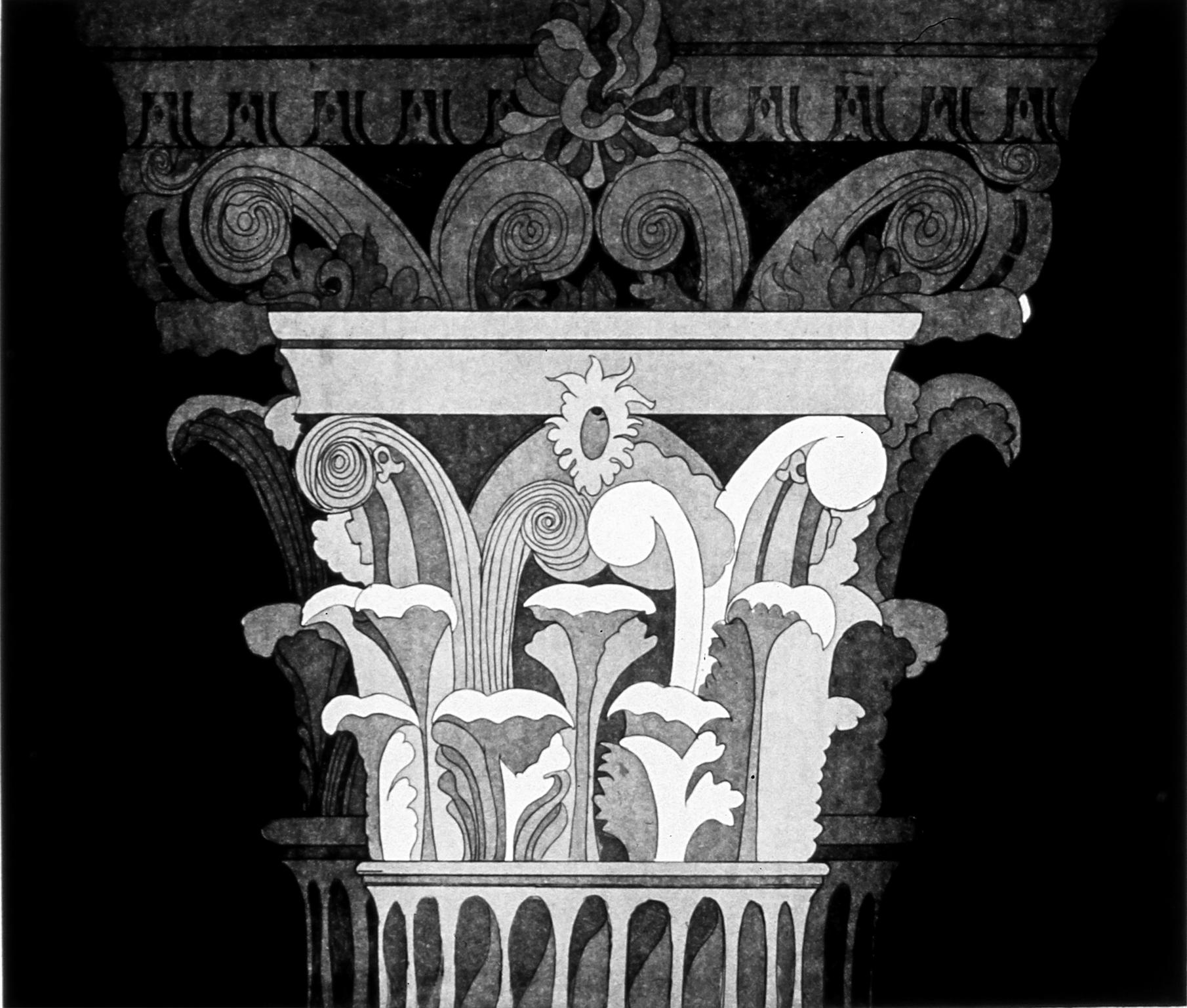 “Corinthian Capital Three” is dramatic meditation of Classical Greek architectural detail print, rendered in beautiful gradations of aquatint. It is printed in velvety black and gray tones on 100% rag paper, signed in pencil lower right corner.  The