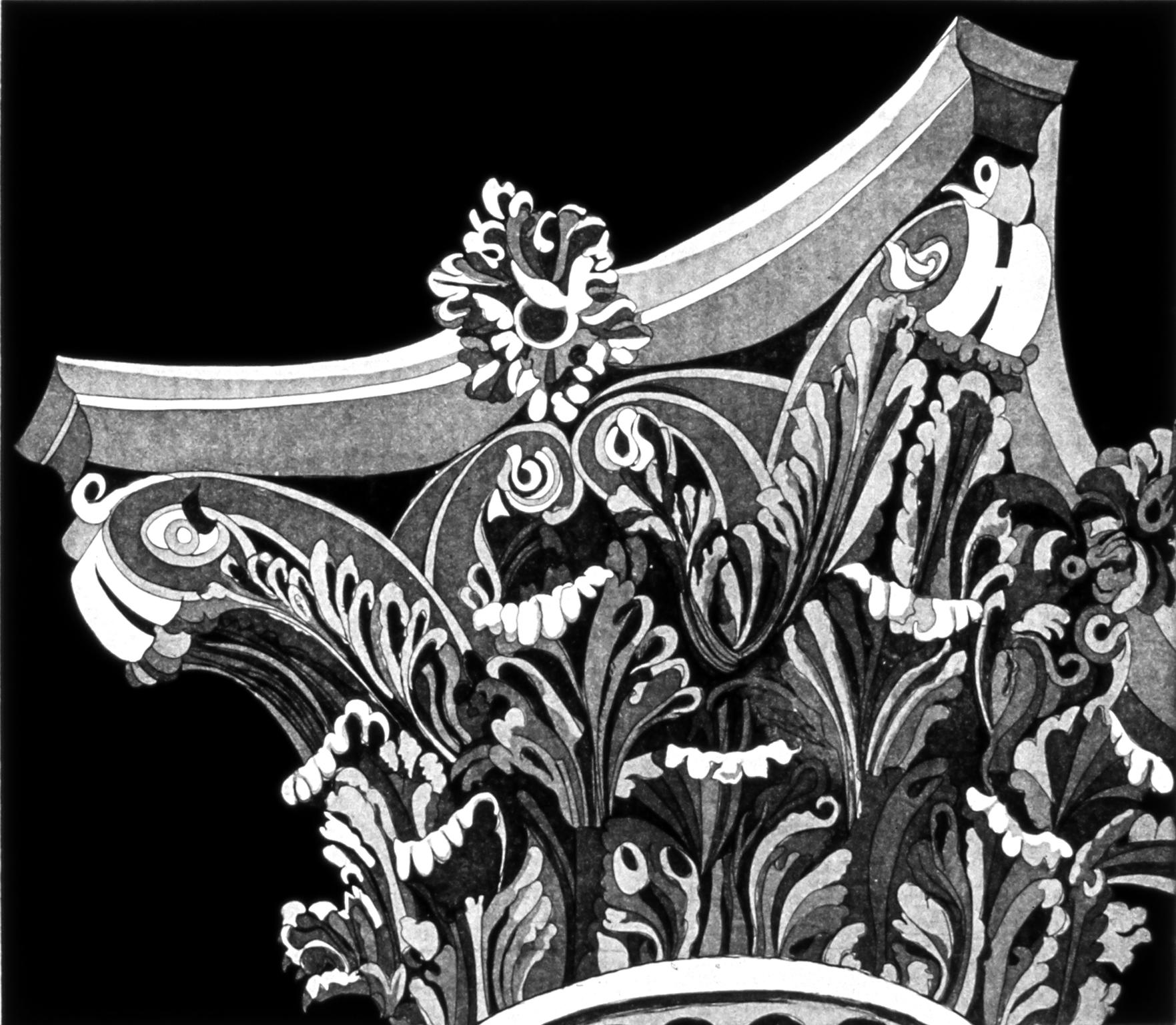 “Corinthian Capital Three”, black and white classic architectural detail print. For Sale 1