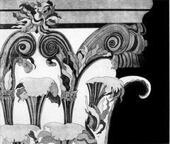 Corinthian Capital Two, graphic black and white architectural aquatint print.