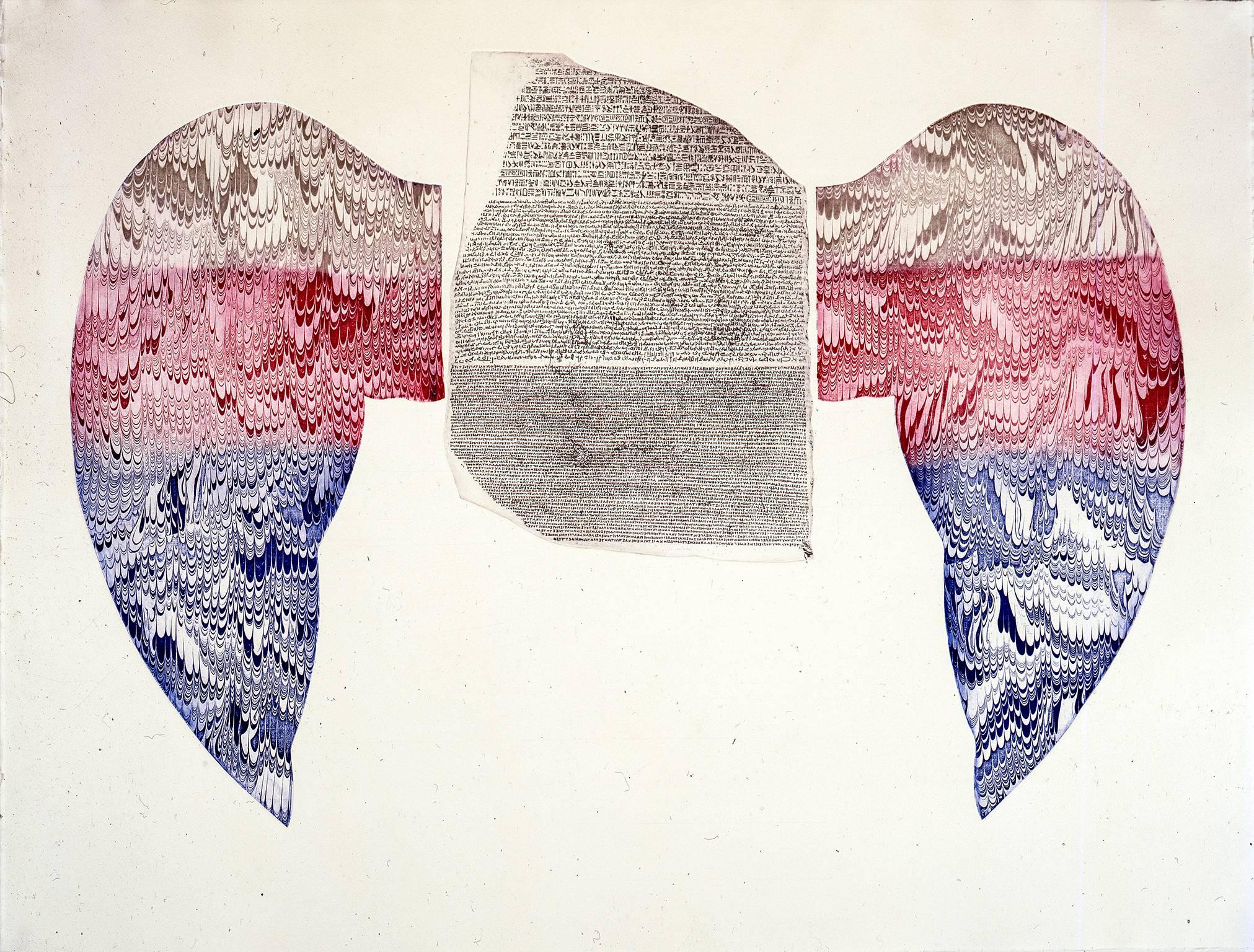"Rosetta Takes Wing", Egyptian influenced etching print red, blue, silver. - Print by Adrianne Wortzel