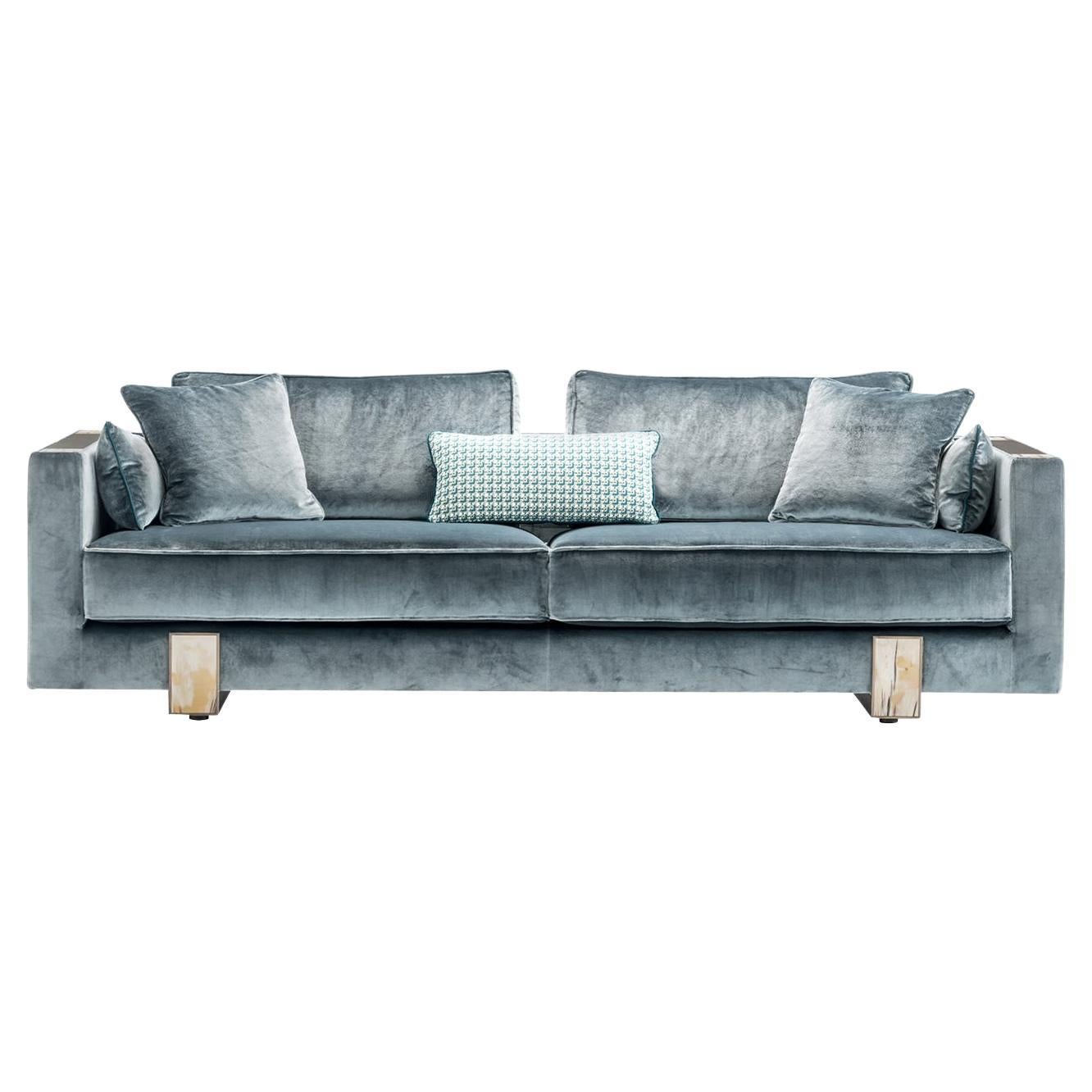Adriano 3-Seater Blue Velvet Sofa with Horn Inlays For Sale