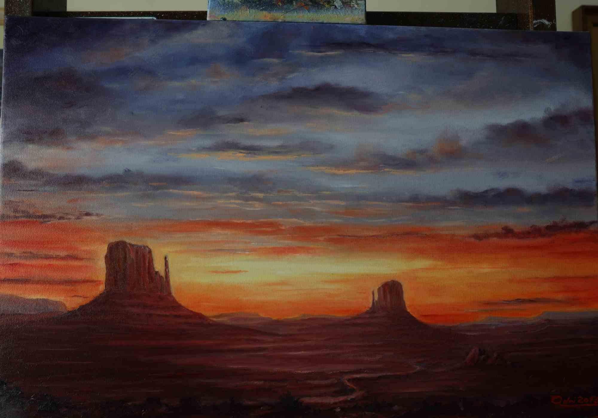 Monument Valley is an original artwork realized by the Italian artist Adriano Bernetti da Vila in 2013.

Hand-signed oil on canvas 40 x 60 cm. The artwork is a representation of the atmosphere and colors percevied by the artist at sunset during a