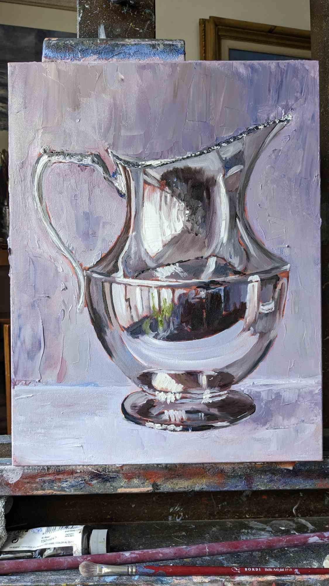 Adriano Bernetti da Vila Figurative Painting – Teekanne – Ölfarbe von Adriano Bernetti Da Vila – 2024