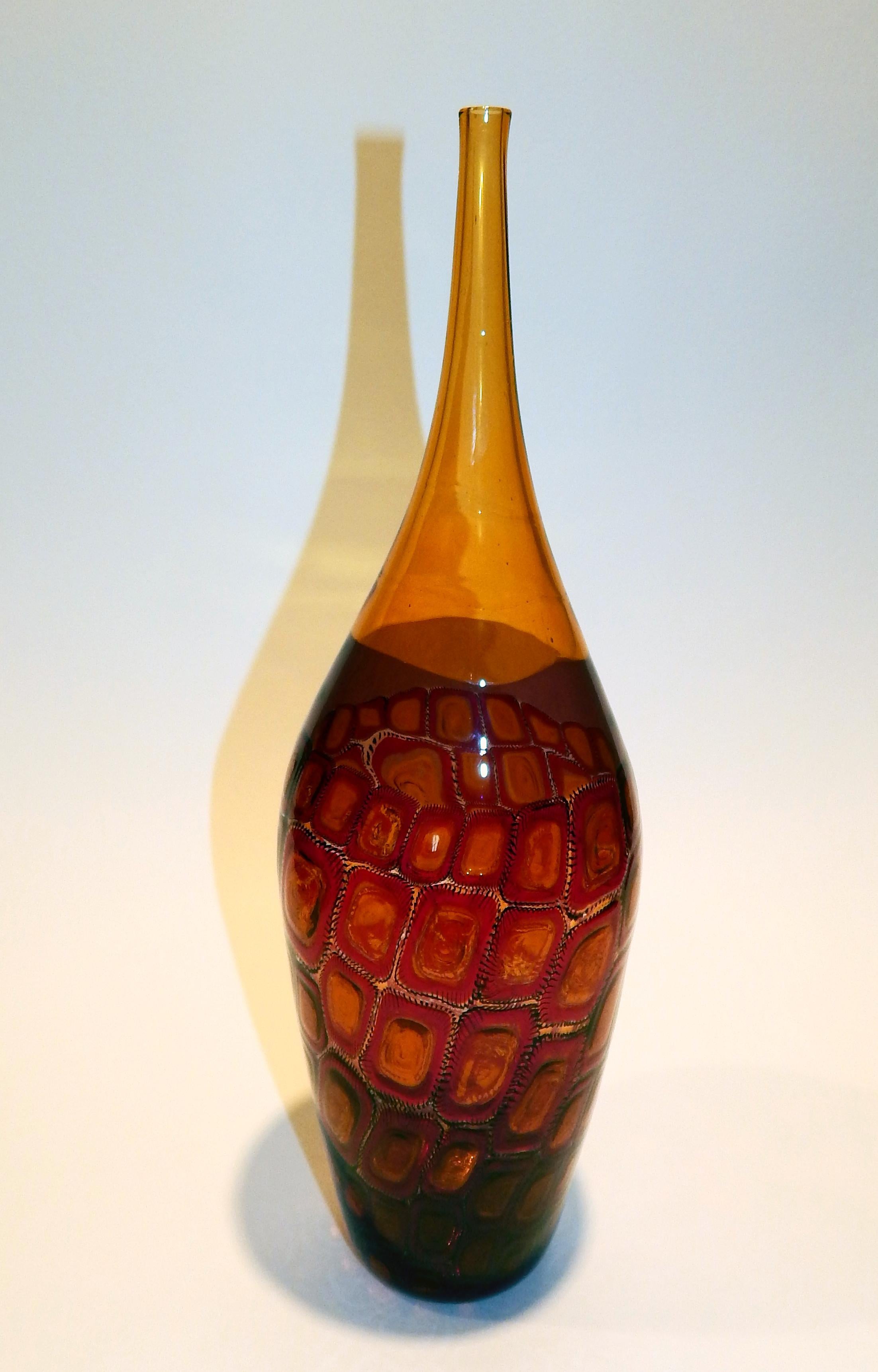Adriano dalla Valentina Murano Amber Bottle with Mosaica Motif, 2003 In Excellent Condition For Sale In Phoenix, AZ