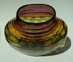 Adriano dalla Valentina Murrinni Glass Vase Amber and Green, Mosaica Motif