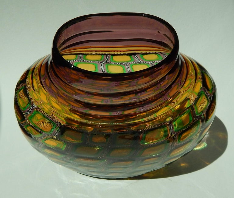 Adriano dalla Valentina Murano glass vase created 2002
Amber and green with Mosaica motif 
Measures 7 3/8