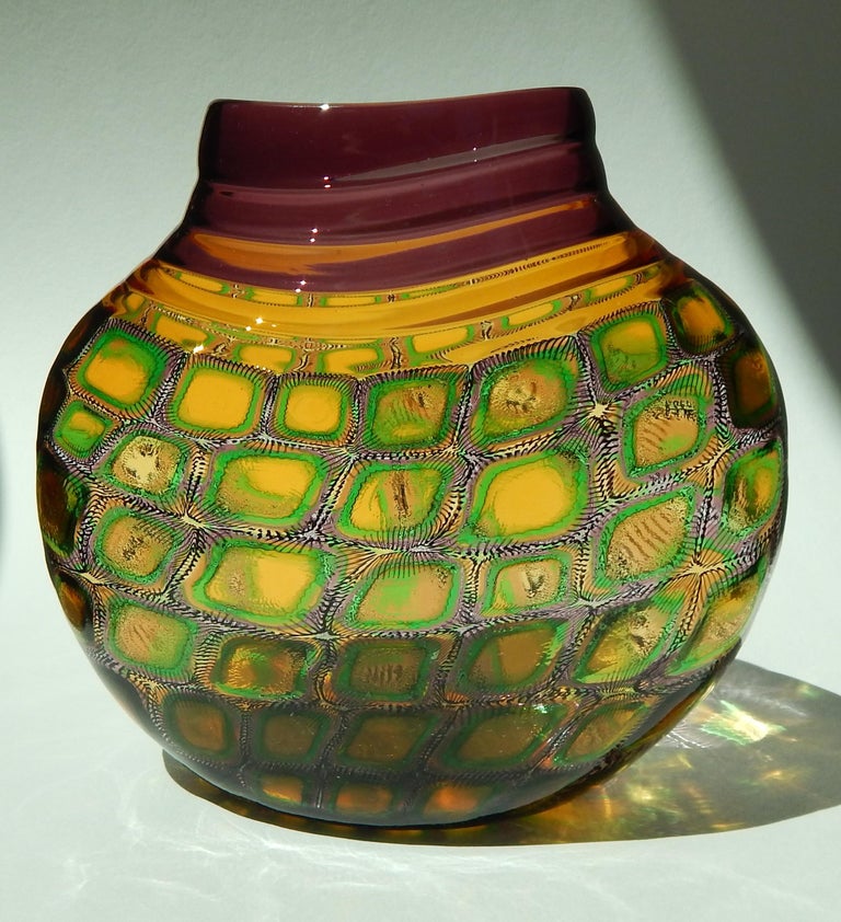 Adriano dalla Valentina Murrinni Glass Vase Amber and Green, Mosaica Motif In Excellent Condition For Sale In Phoenix, AZ