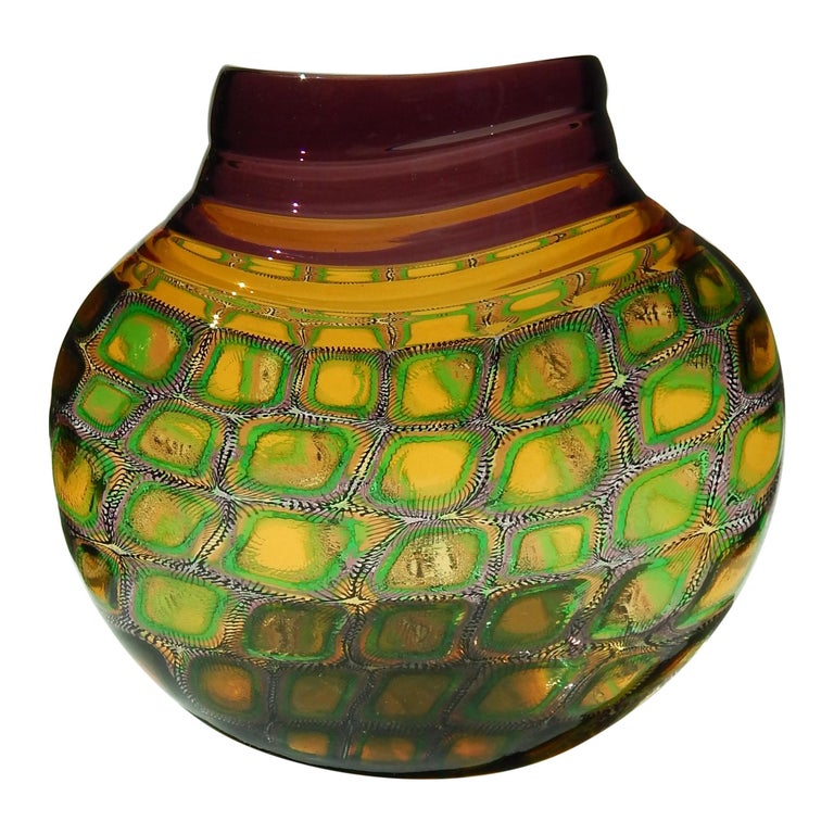 Adriano dalla Valentina Murrinni Glass Vase Amber and Green, Mosaica Motif For Sale