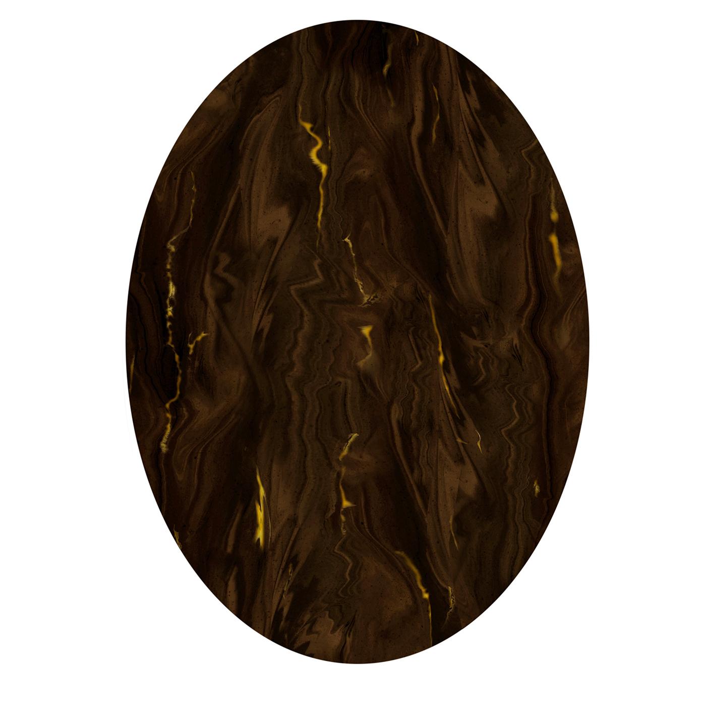 Die exquisite Kombination von Texturen und Oberflächen macht diesen Tisch zu einem wahren Meisterwerk, das sowohl in klassischen als auch in modernen Esszimmern zur Geltung kommt. Die Holzkonstruktion besteht aus einer ovalen Platte, die von einem
