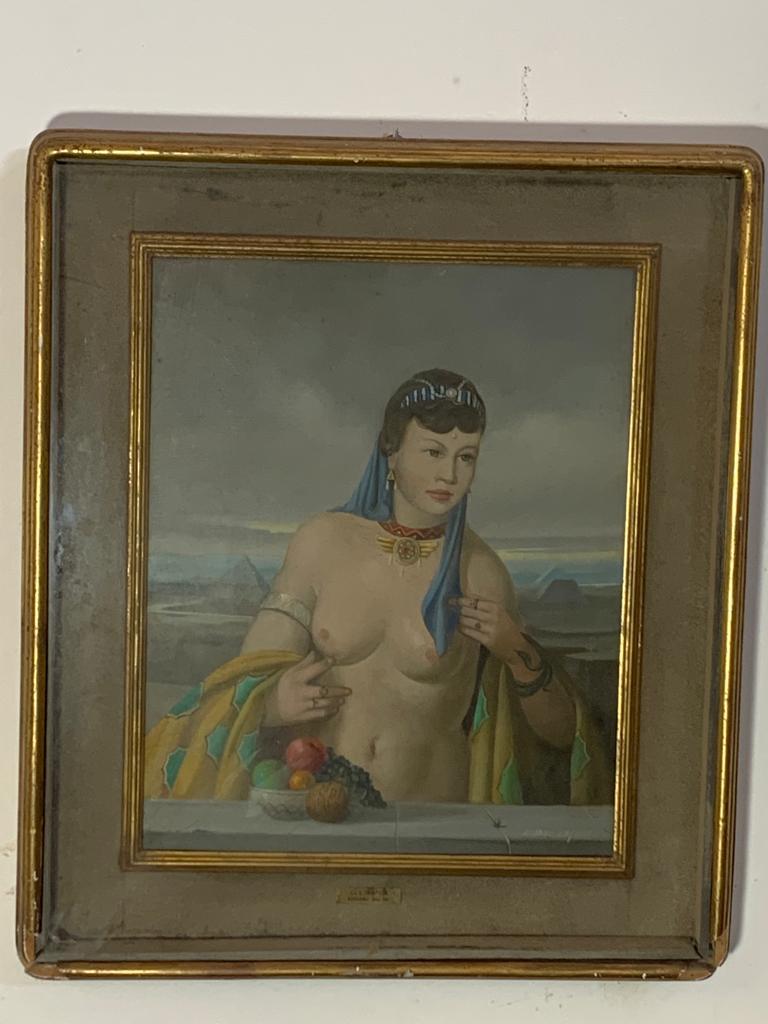 Adriano Gajoni, Kleopatra, 1950er Jahre, Öl auf Leinwand, gerahmt
Abmessungen mit Rahmen 70hx60x6
Abmessungen des Gemäldes 52,5hx42