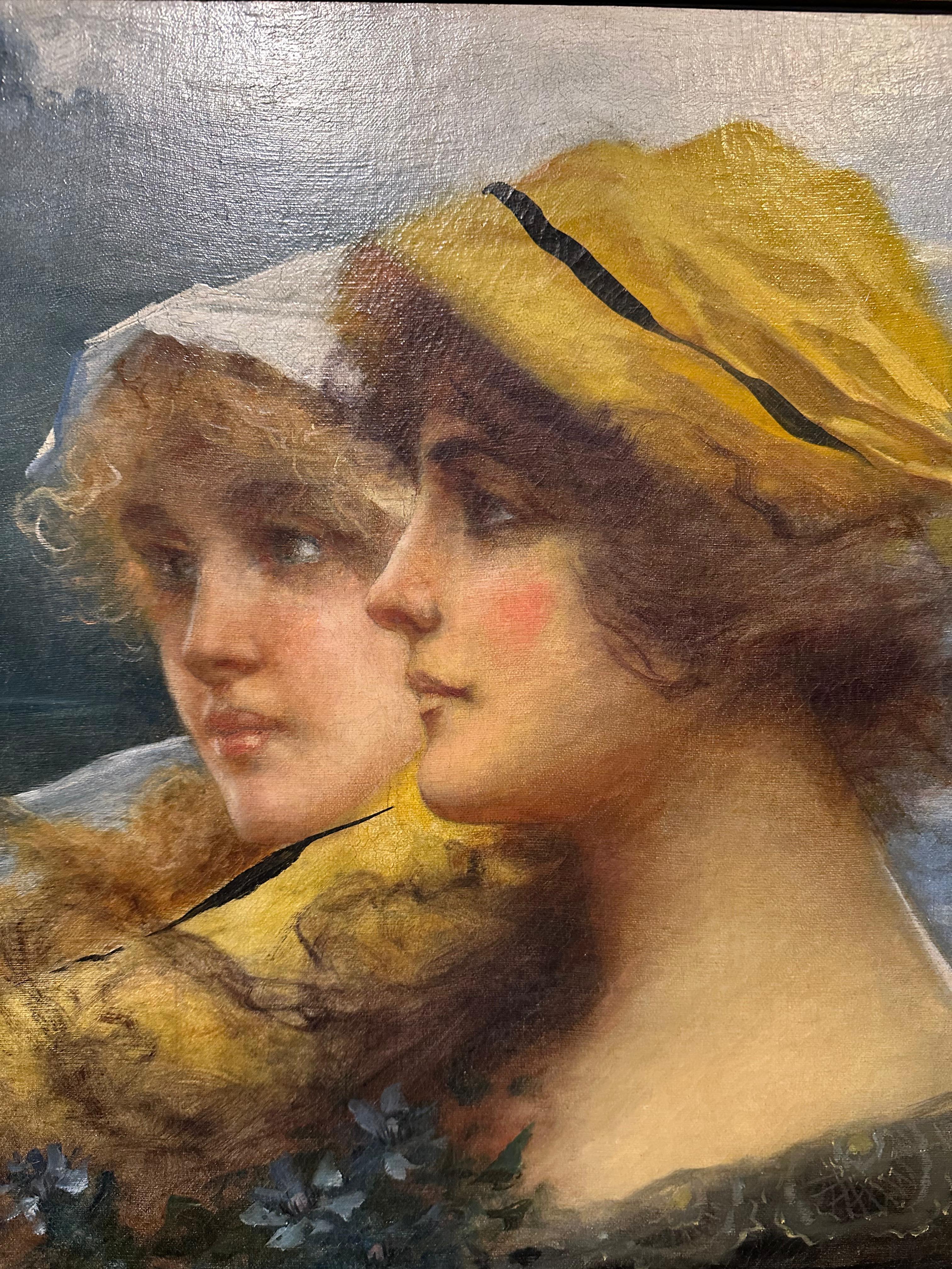 Schönes italienisches Jugendstilporträt zweier Frauen (Braun), Portrait Painting, von Adriano Goby