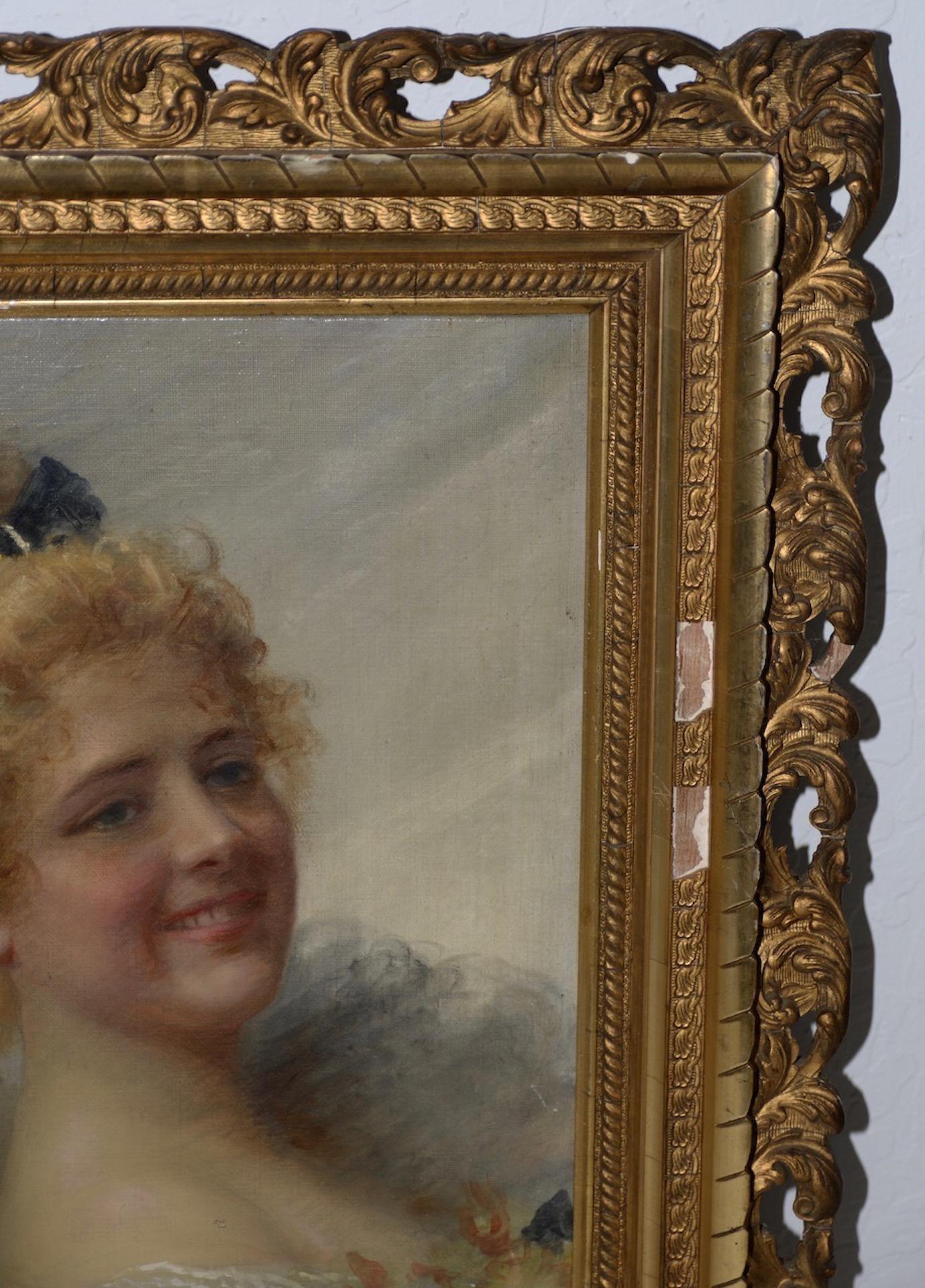 Adriano Goby 19th century oil portrait of a beautiful young lady, circa 1890s

Superb antique oil portrait, possibly, French. The painting is signed in the upper left corner (see pics).

The young woman looks like she could be a dancer holding a