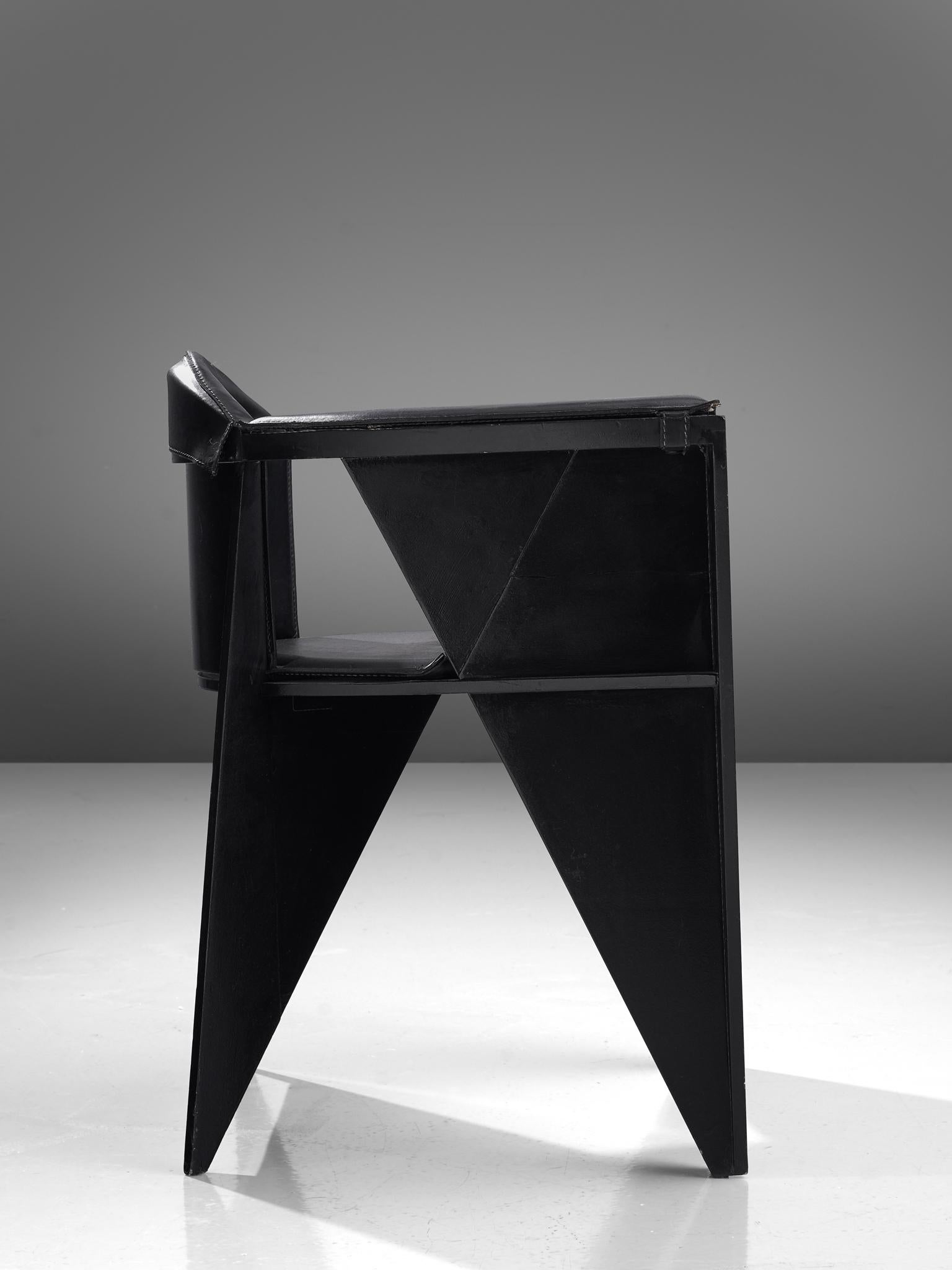 Adriano & Paolo Suman for Giorgetti Spa, armchair, lacquered beech and leather, Italy, 1984

Geometric Postmodern armchair designed by Adriano & Paolo Suman and manufactured by Giorgetti Spa. This model chair is from the Matrix series designed in