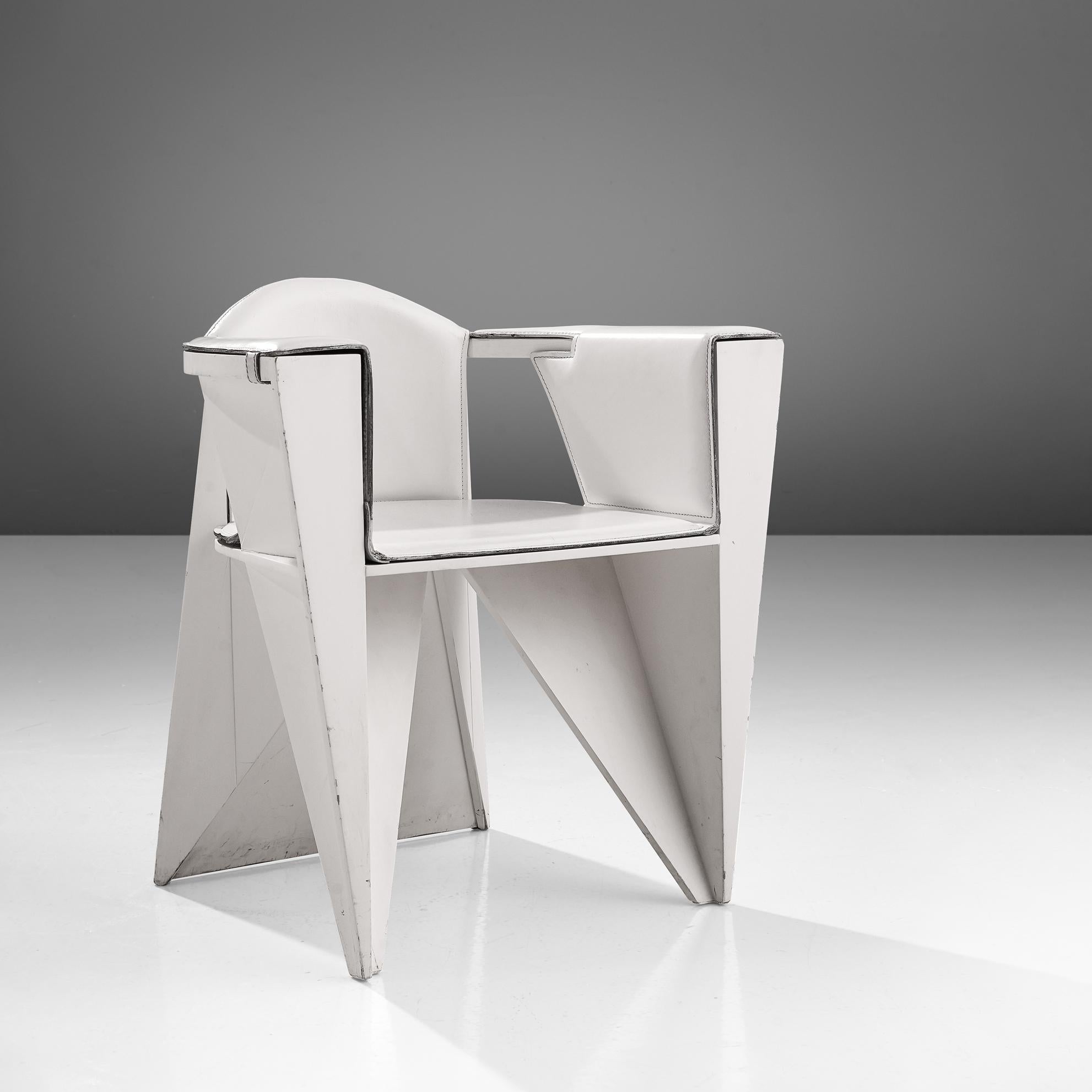 Adriano & Paolo Suman for Giorgetti Spa, armchair, white lacquered beech and leather, Italy, 1984

Geometric Postmodern armchair designed by Adriano & Paolo Suman and manufactured by Giorgetti Spa. This model chair is from the Matrix series designed