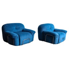 Adriano Piazzesi Armchairs in Blue Marine Velvet and Chrome Frame