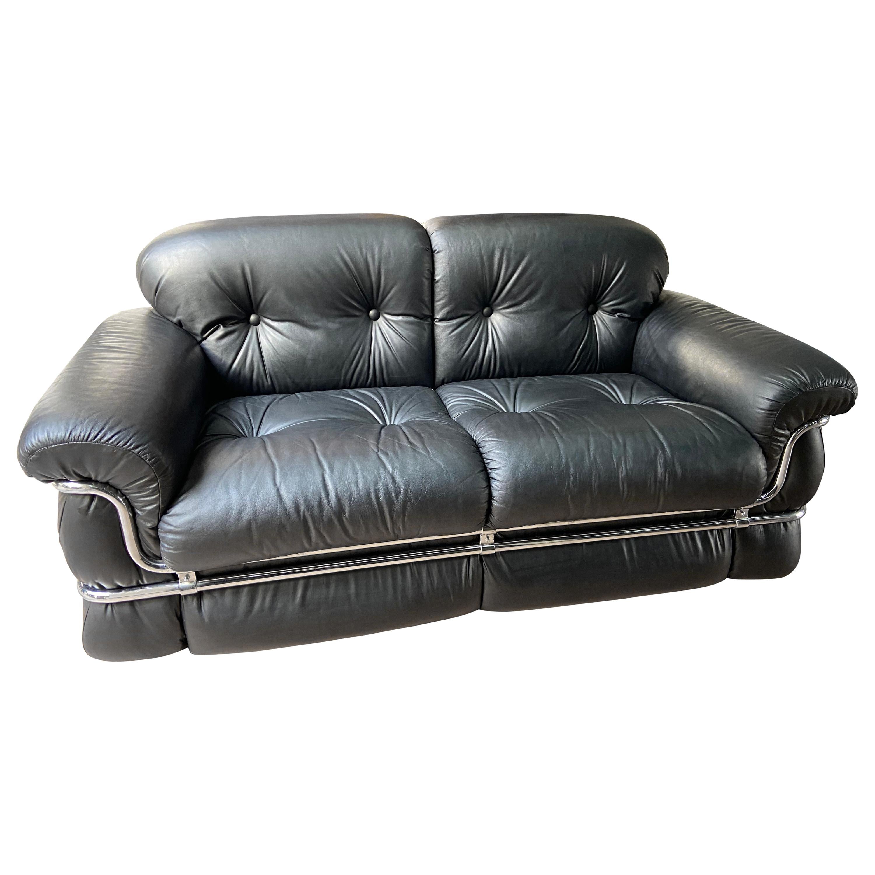 Adriano Piazzesi, Black Leather 2-Seat Sofa, 1976