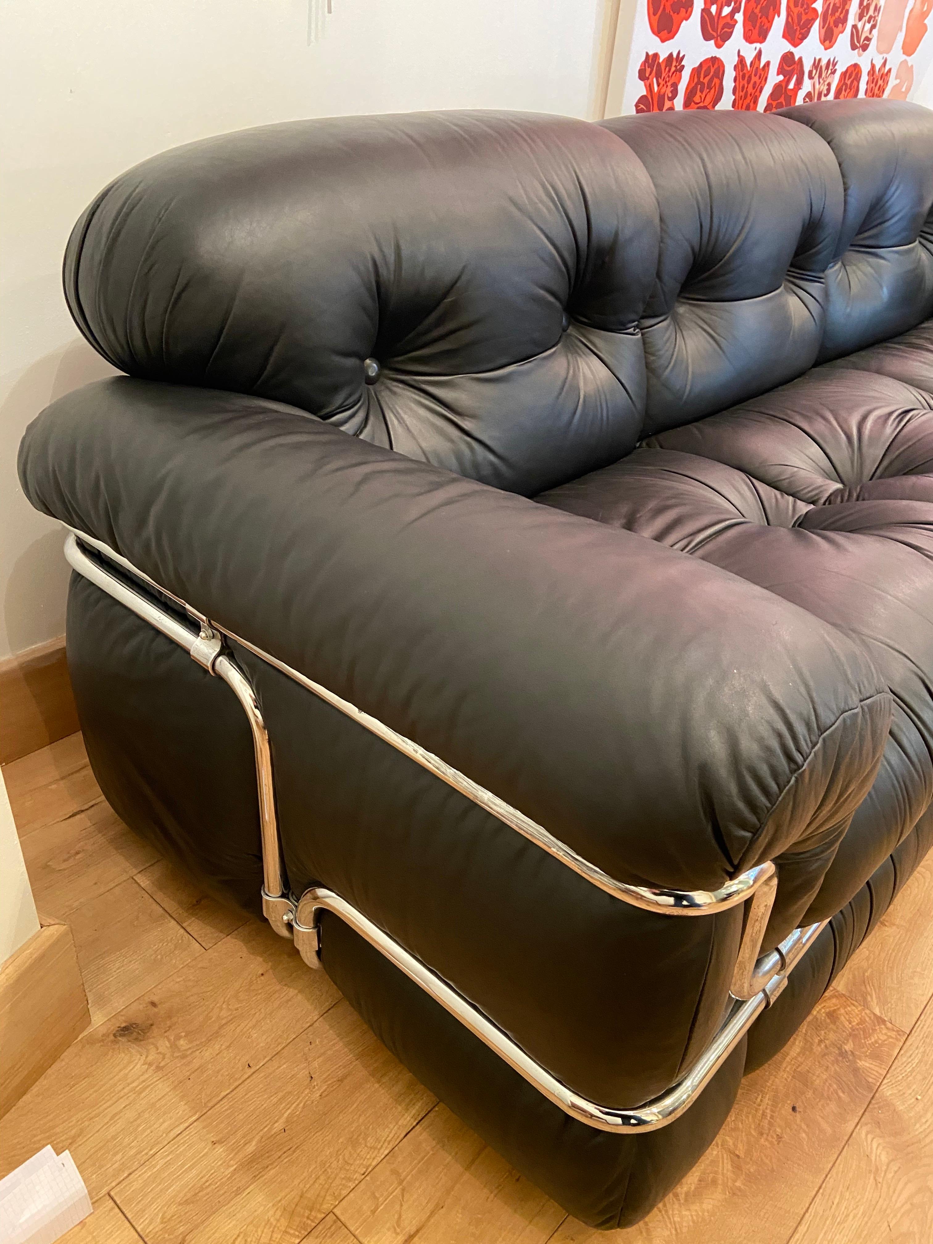 European Adriano Piazzesi, Black Leather 3-Seat Sofa, 1976