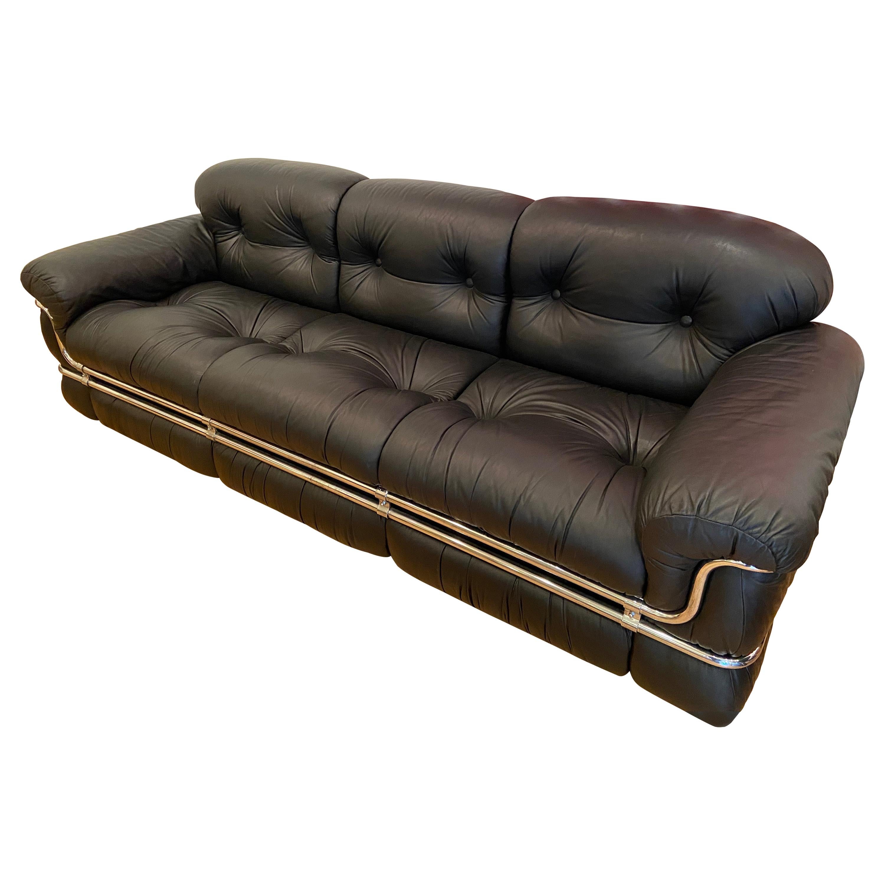 Adriano Piazzesi, Black Leather 3-Seat Sofa, 1976