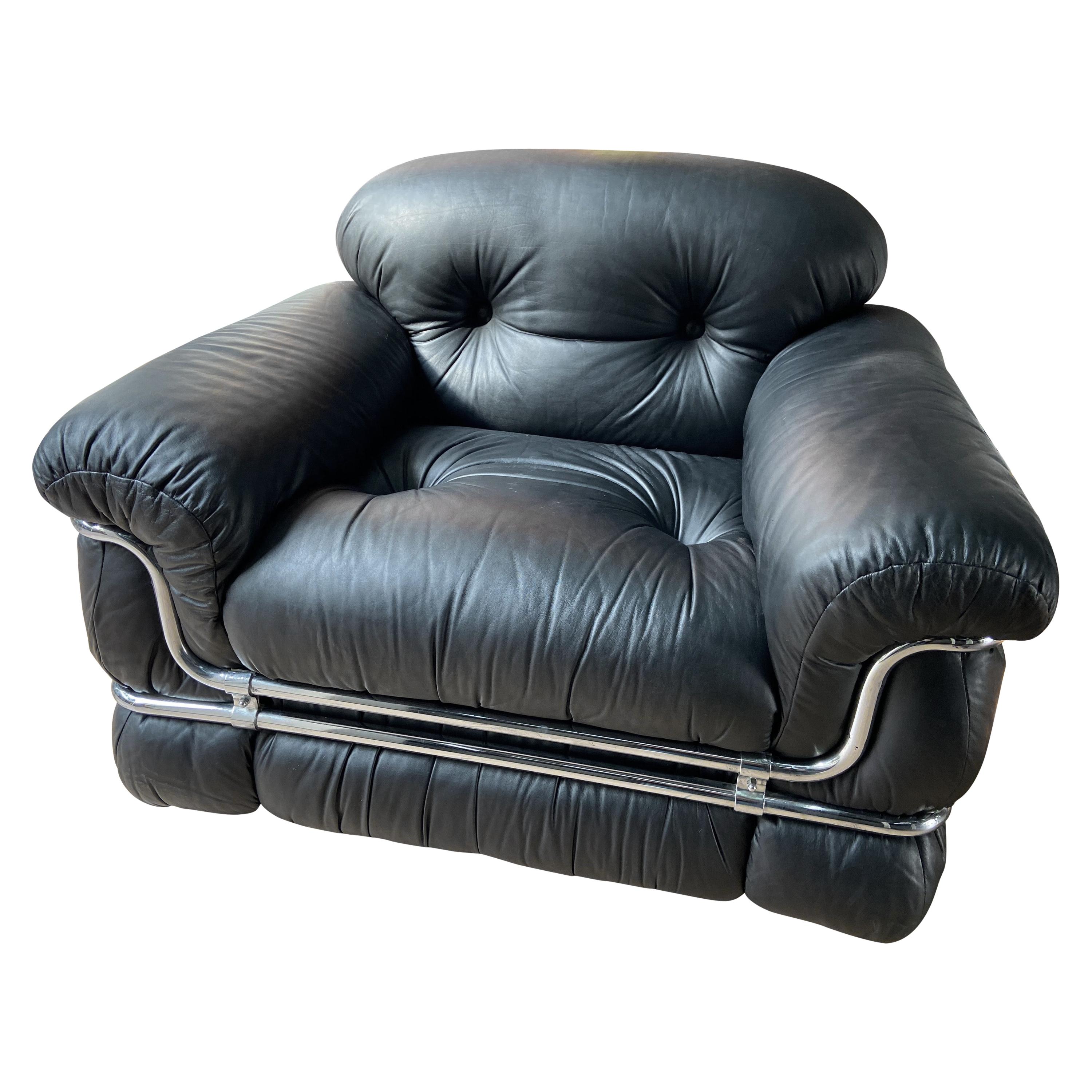 Adriano Piazzesi, Black Leather Armchair, 1976