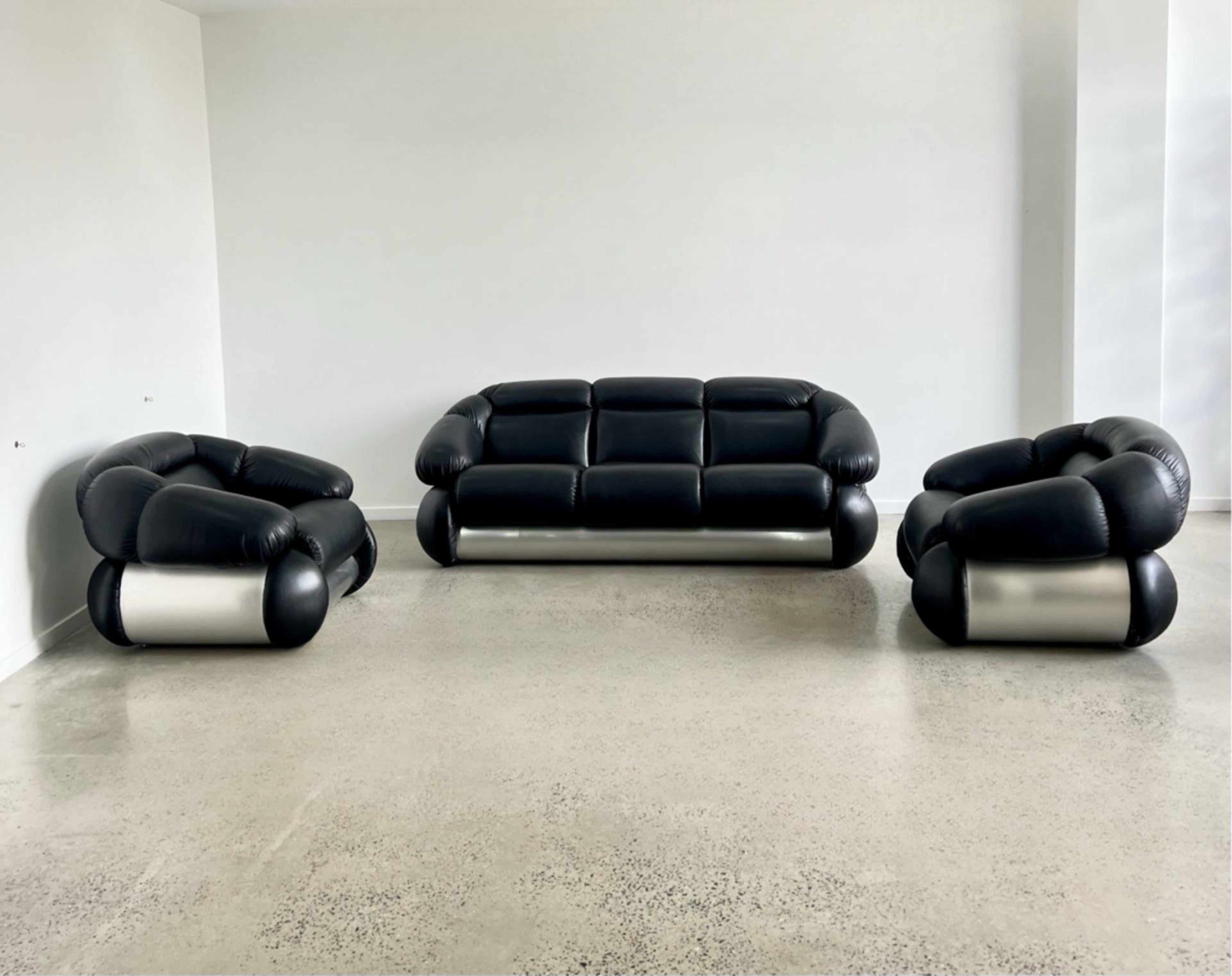 Adriano Piazzesi Black leather Sofa and Armchairs Set 9